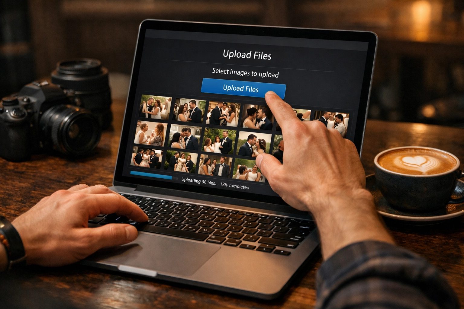 Photographer using a laptop to compress a wedding gallery quickly while maintaining professional image quality.