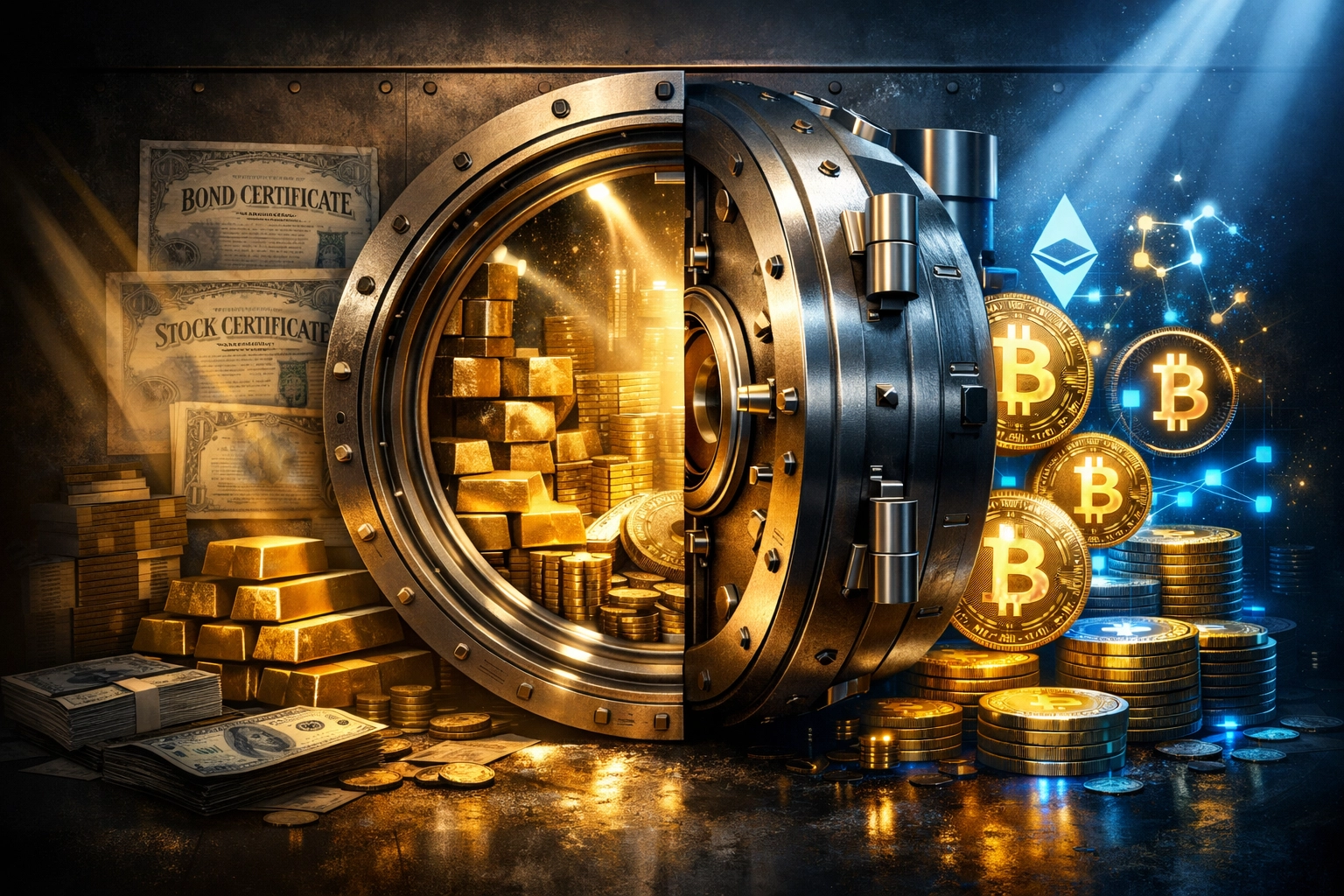 Digital vault showing Bitcoin and traditional assets merging in institutional portfolios
