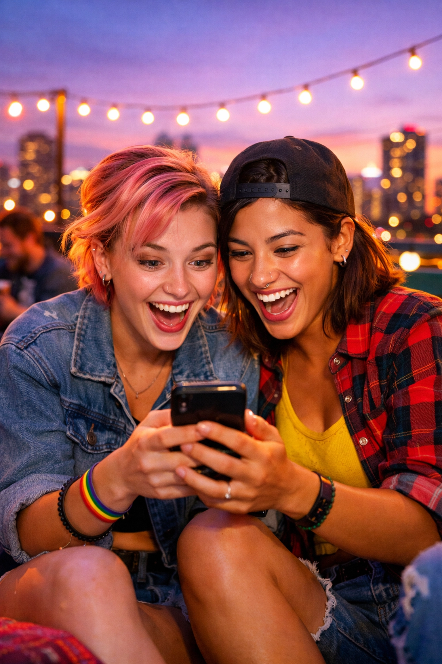 Two lesbian authors on a rooftop viewing viral book marketing on a smartphone, showcasing community support.