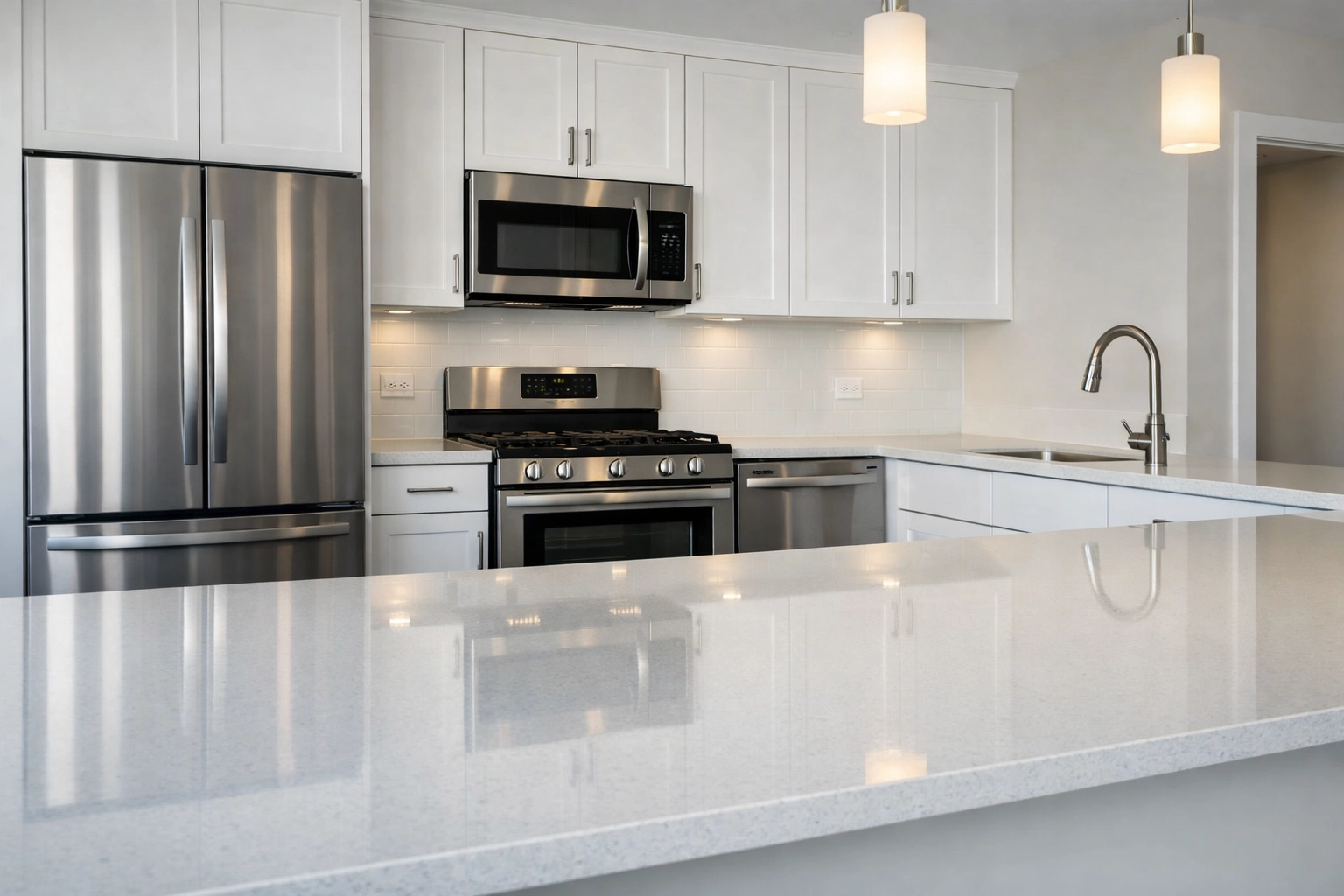 Freshly cleaned Chicago multifamily kitchen with gleaming appliances ready for tenant move-in.