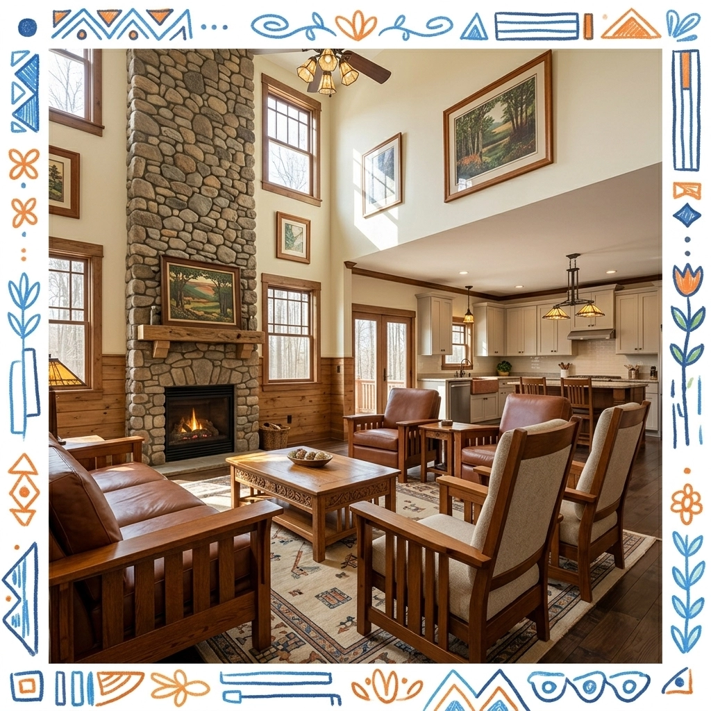 Cozy interior of a traditional craftsman living room with a stone fireplace, highlighting the comfort of North Metro Atlanta homes.