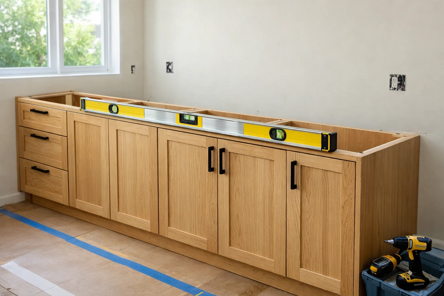 Professional kitchen cabinet installation on a clean job site during a Central Ohio home remodel.