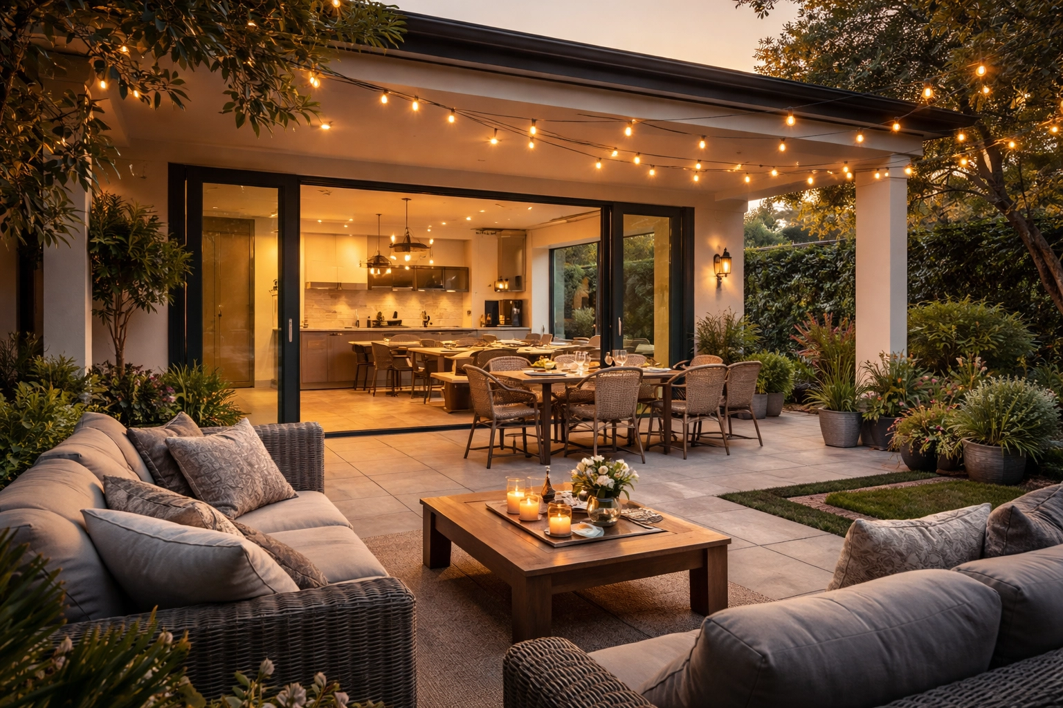 Backyard patio with open sliding doors and seamless indoor-outdoor connection, highlighting modern home design