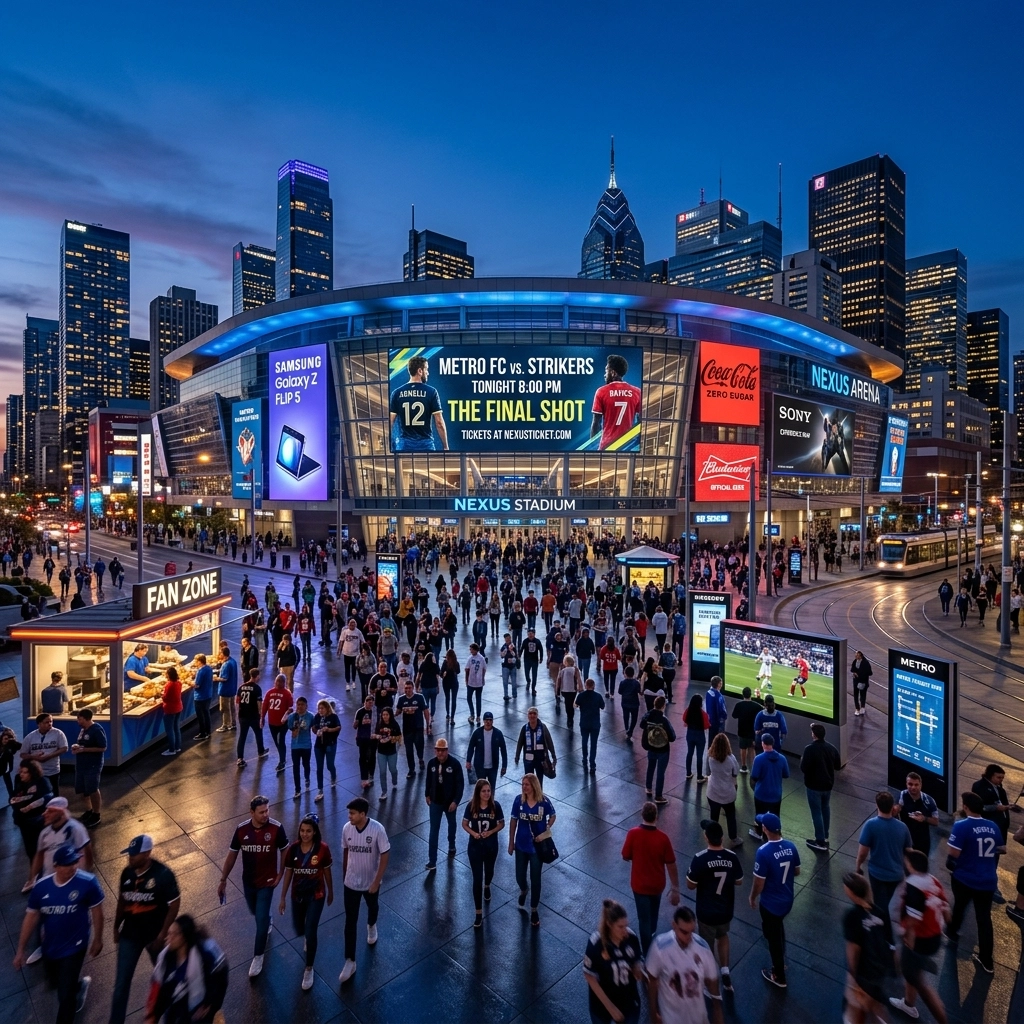Digital advertising screens outside a modern sports stadium at dusk with fans in the plaza.
