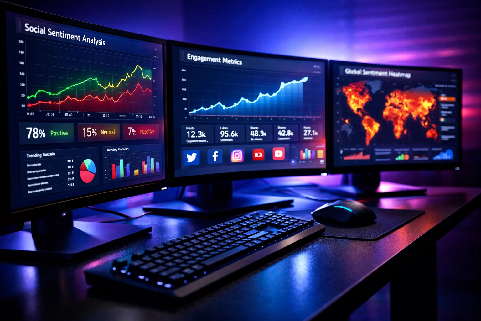 Marketing analytics dashboard displaying social media sentiment and Super Bowl campaign metrics