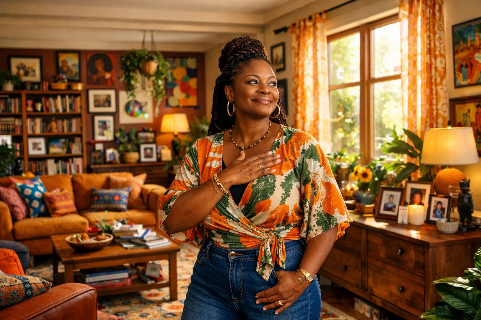 A Black woman proudly stands in her decorated apartment, celebrating housing stability and independence.