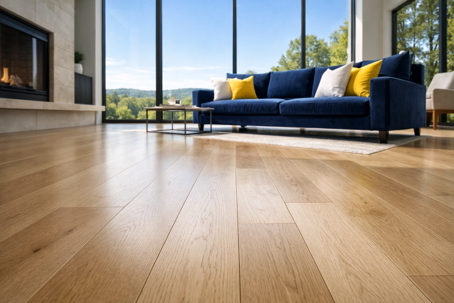 Pristine hardwood floors in a modern Boxborough home after expert post construction cleaning and safety sweep.