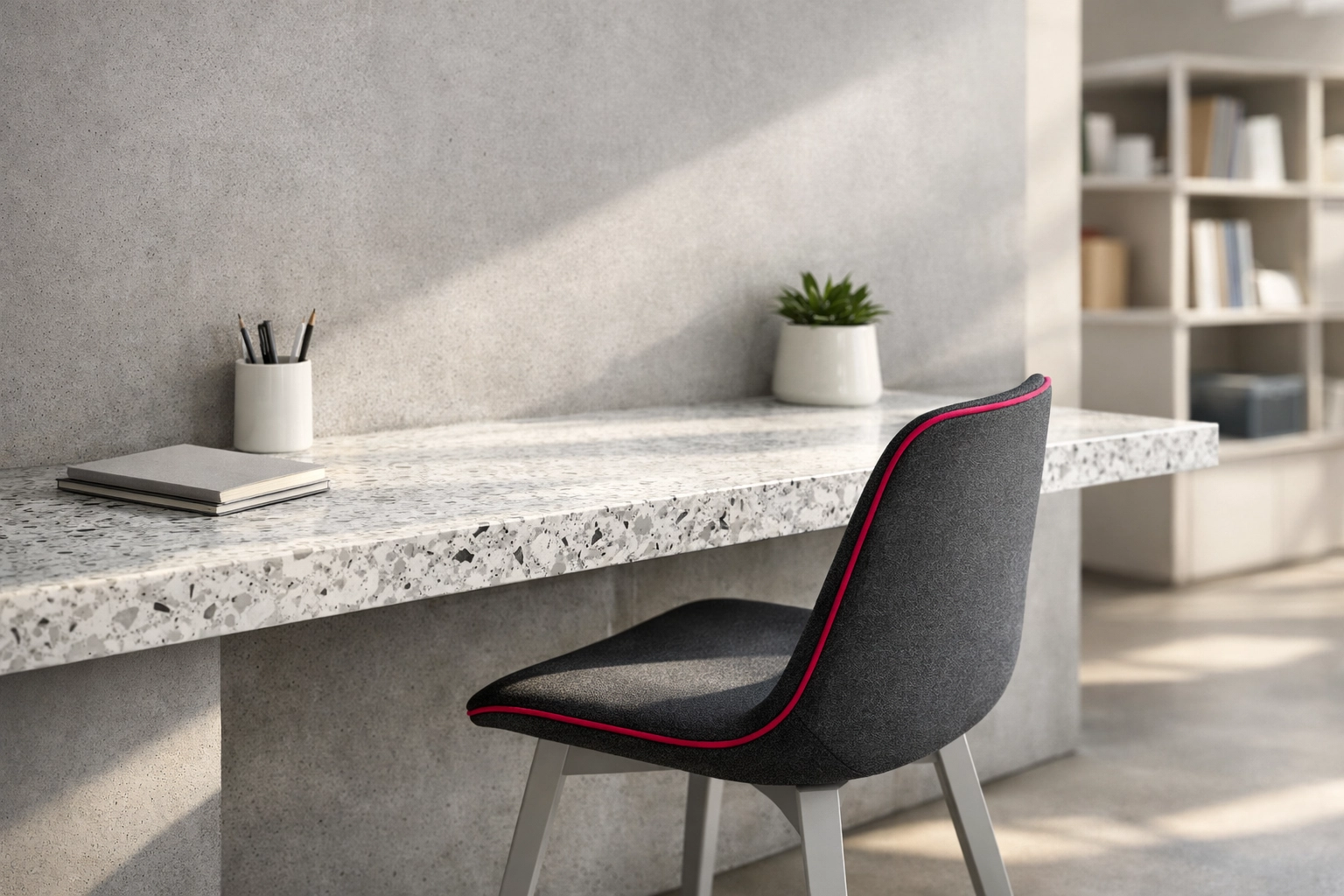 Modern classroom study nook featuring sustainable recycled plastic furniture and circular construction design in Australia.
