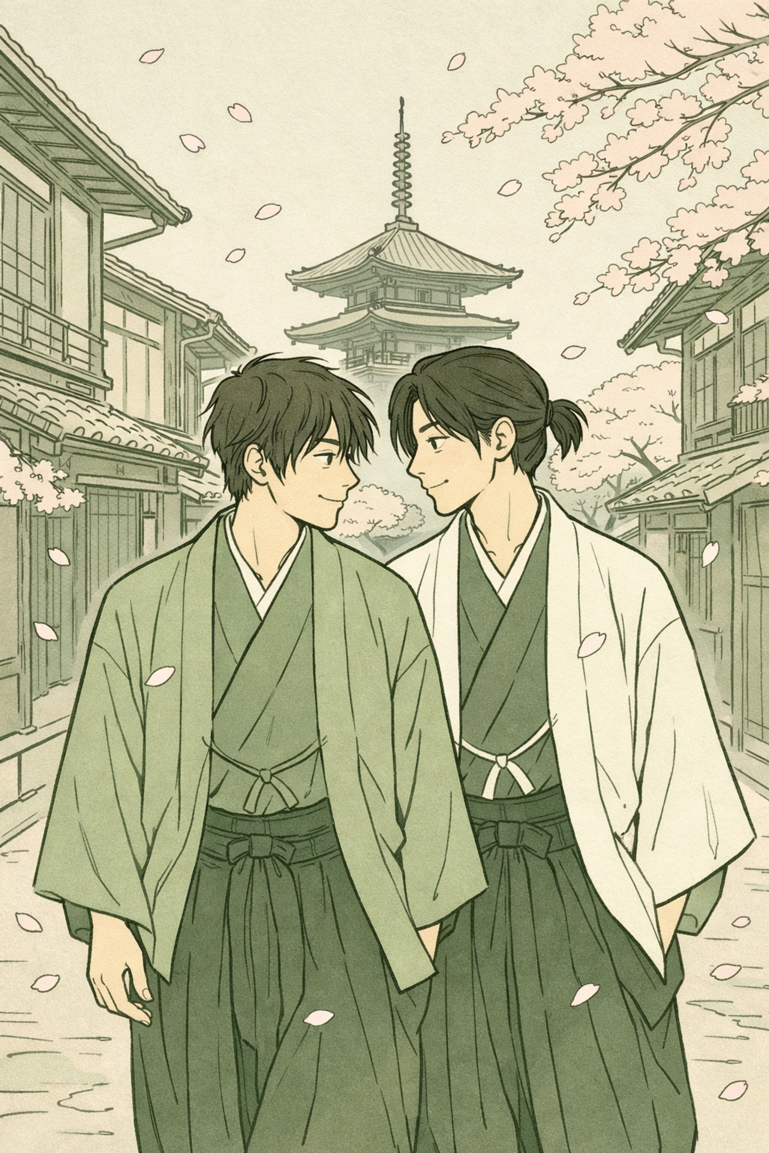 Two men in traditional Japanese dress walking Kyoto street with cherry blossoms - gay romance