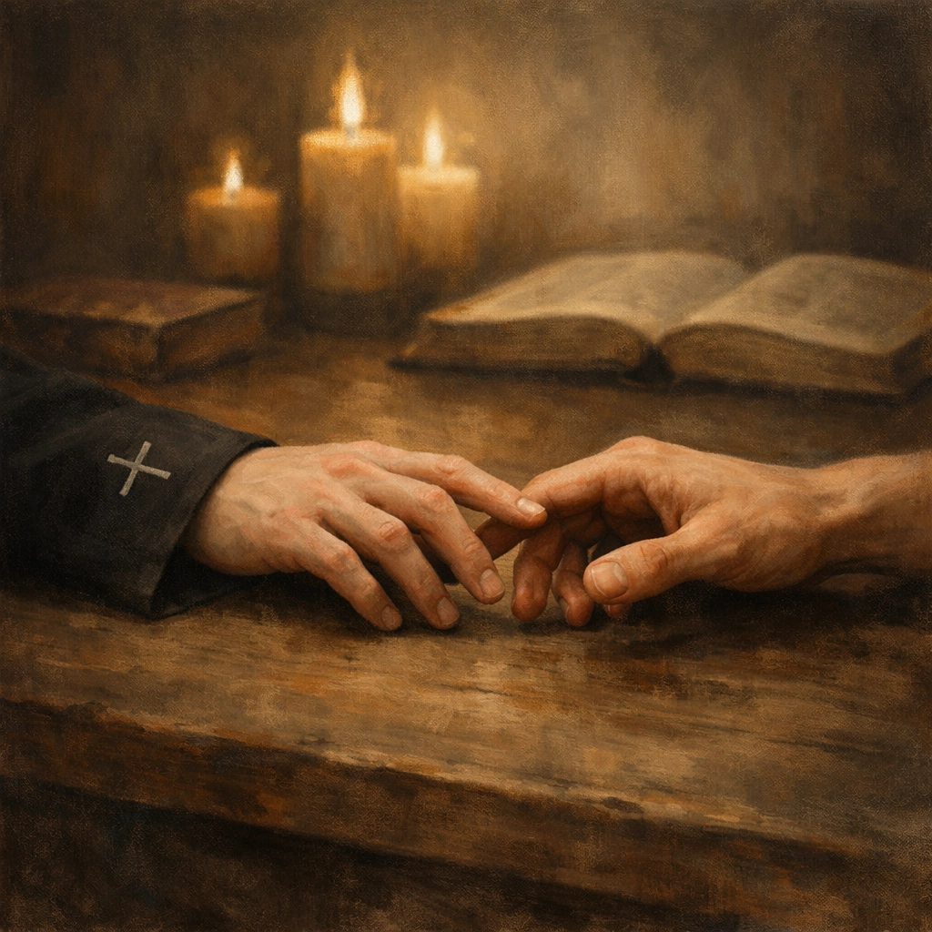 Two priests' hands nearly touching across table representing forbidden connection during Vatican purge