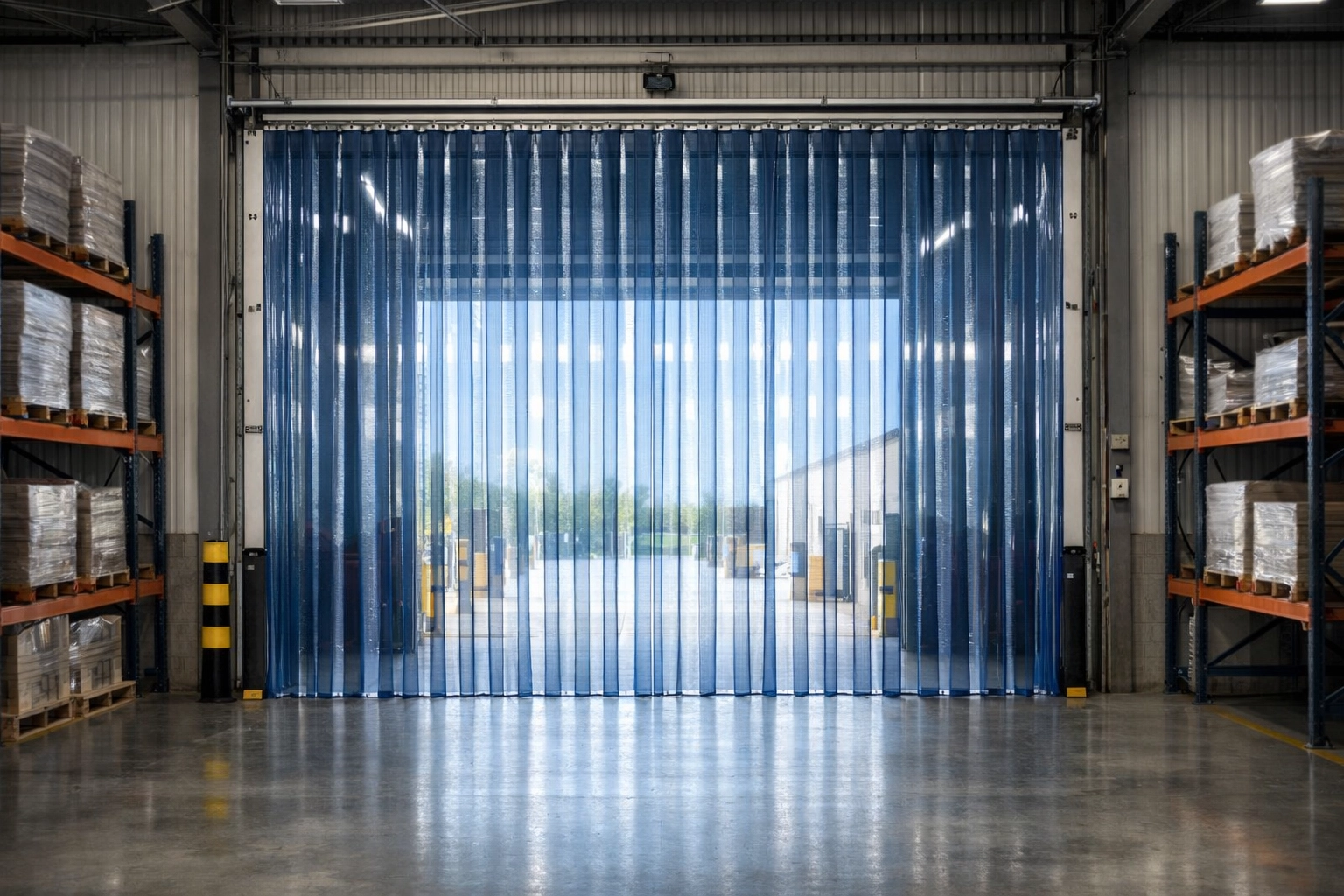 Heavy-duty bird control PVC strip curtains installed in a warehouse loading bay doorway for industrial pest protection.