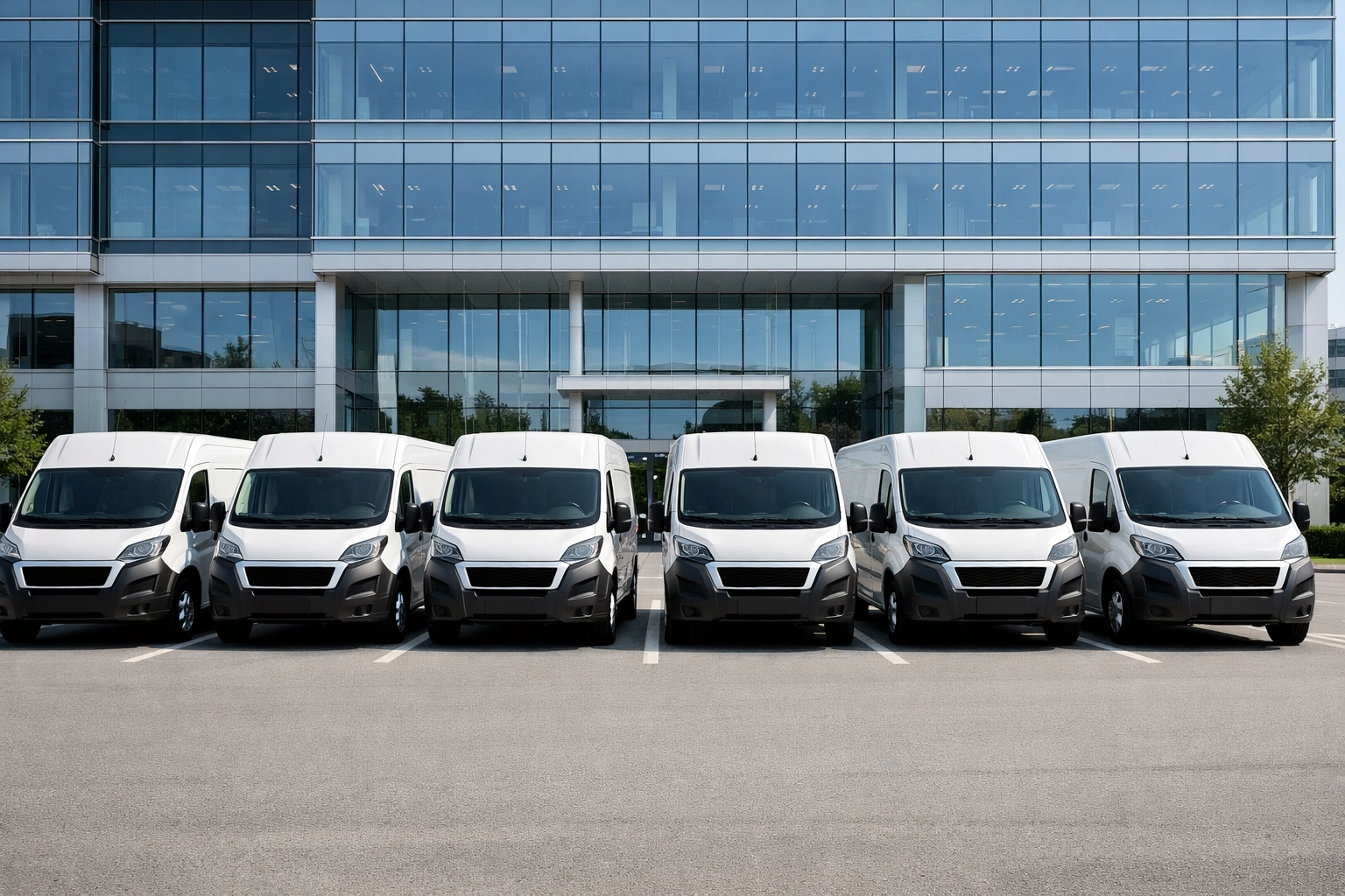 Professional fleet of utility vans representing commercial auto insurance for modern builders.