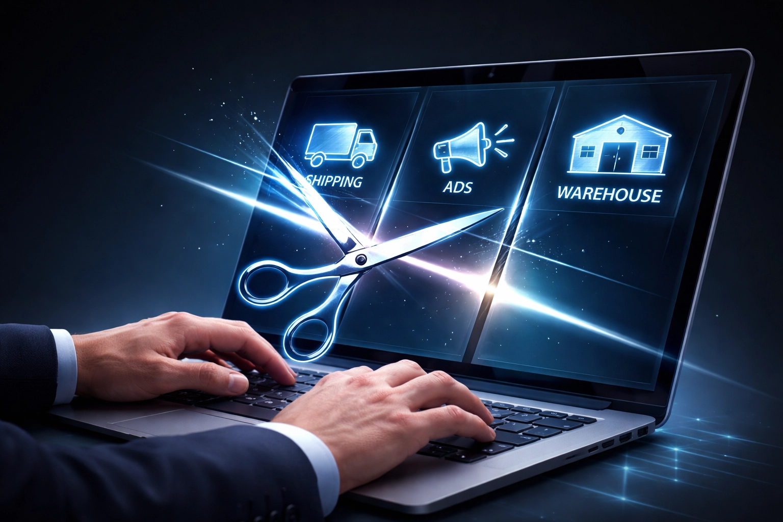 Digital illustration of a business owner optimizing Amazon FBA expenses and cutting e-commerce operating costs.