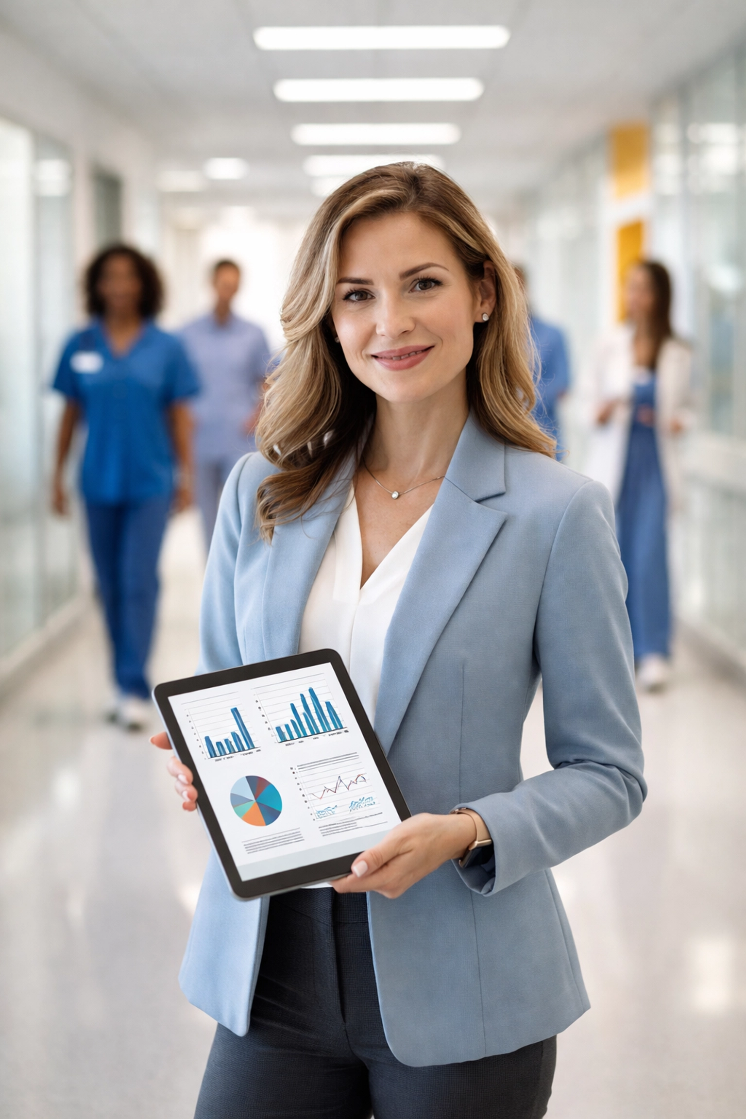 Female healthcare staffing manager reviewing workforce analytics on a tablet in a modern hospital corridor for efficient staff planning