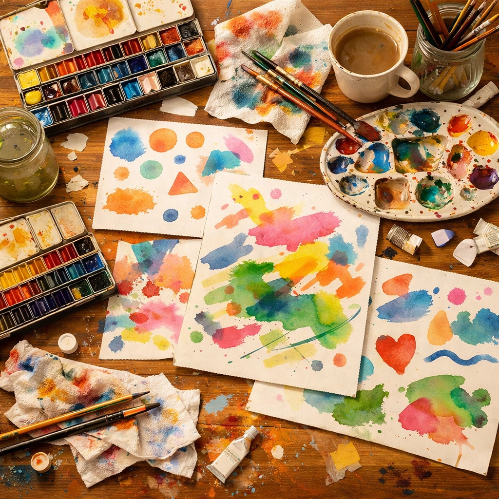 An overhead view of watercolor supplies used during a no-pressure creative exploration for remote teams.