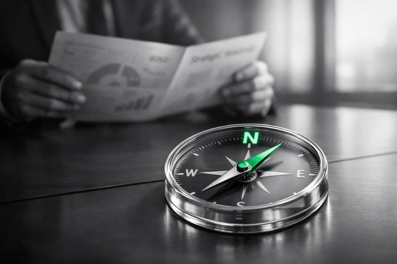 Strategic leadership compass on a boardroom table representing vision and direction for nonprofit board engagement.