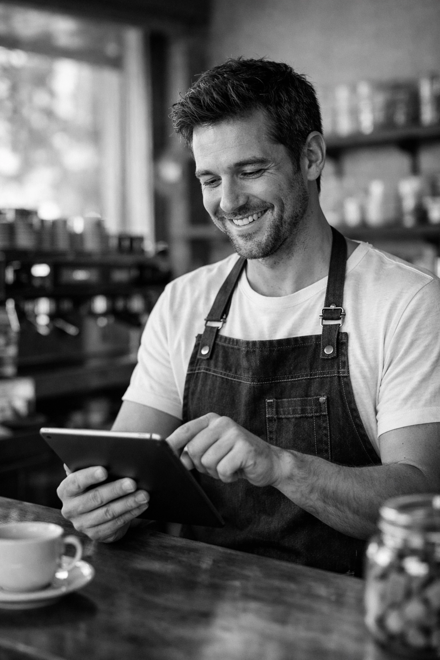 Local coffee shop owner engaging with customers on social media