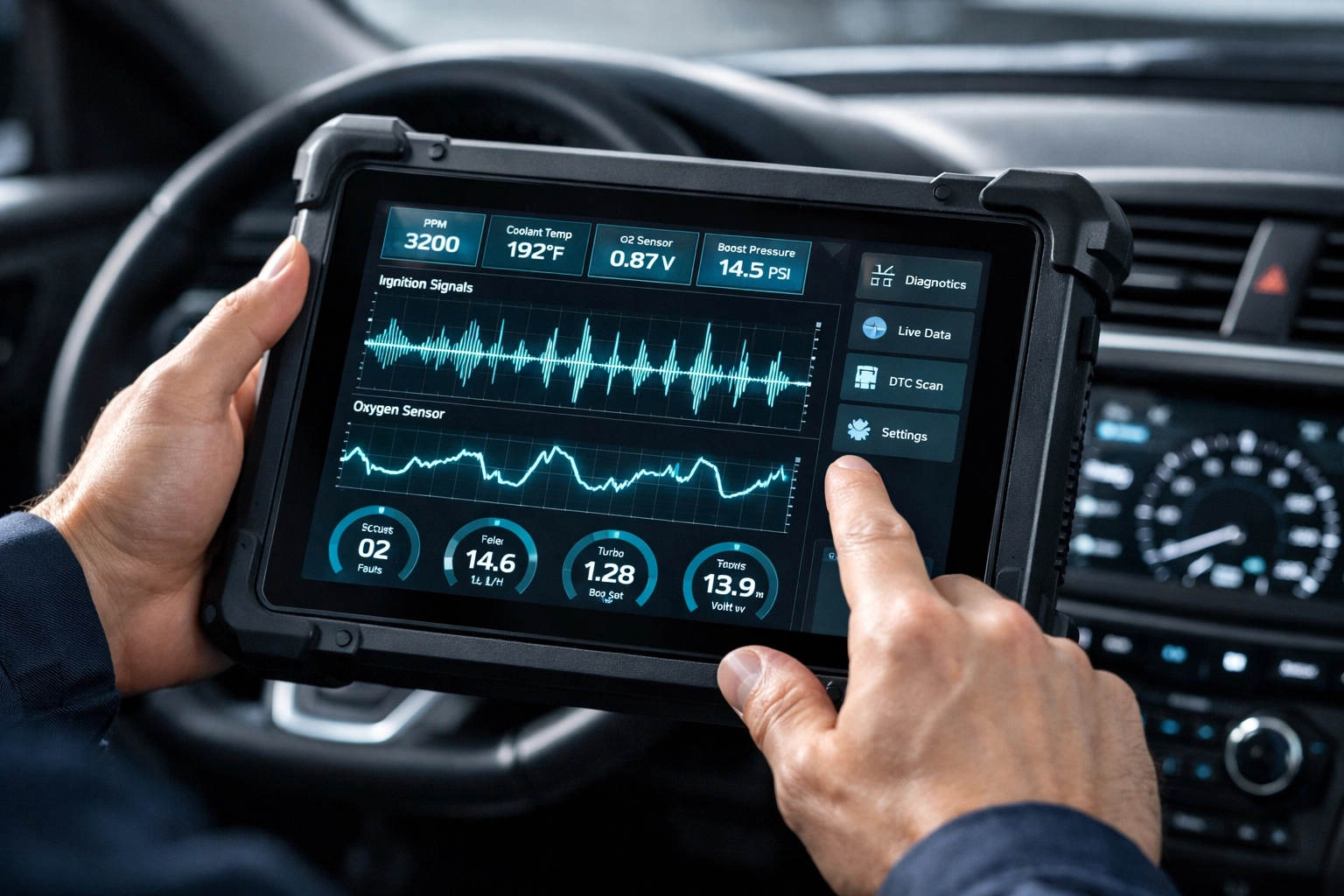 Technician using advanced diagnostic tablet for precise car electrical repair in Hamilton.