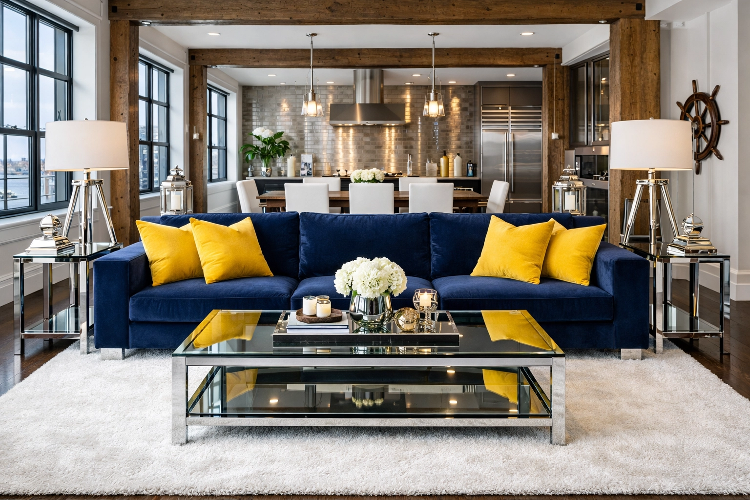 Luxury Seaport loft living room after a thorough Boston apartment move-out cleaning session.