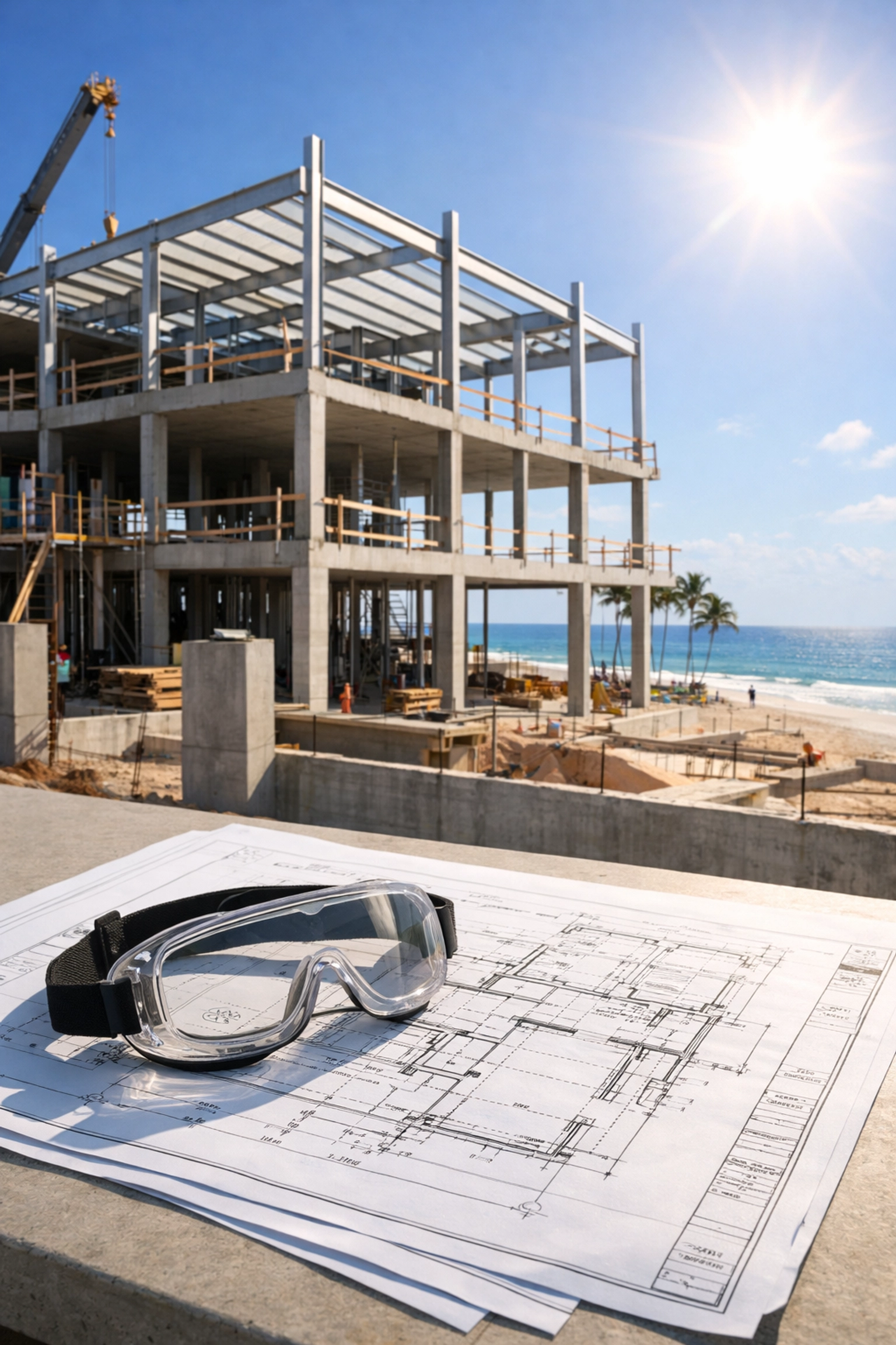Commercial reconstruction site on a Florida shoreline showing property disaster recovery.