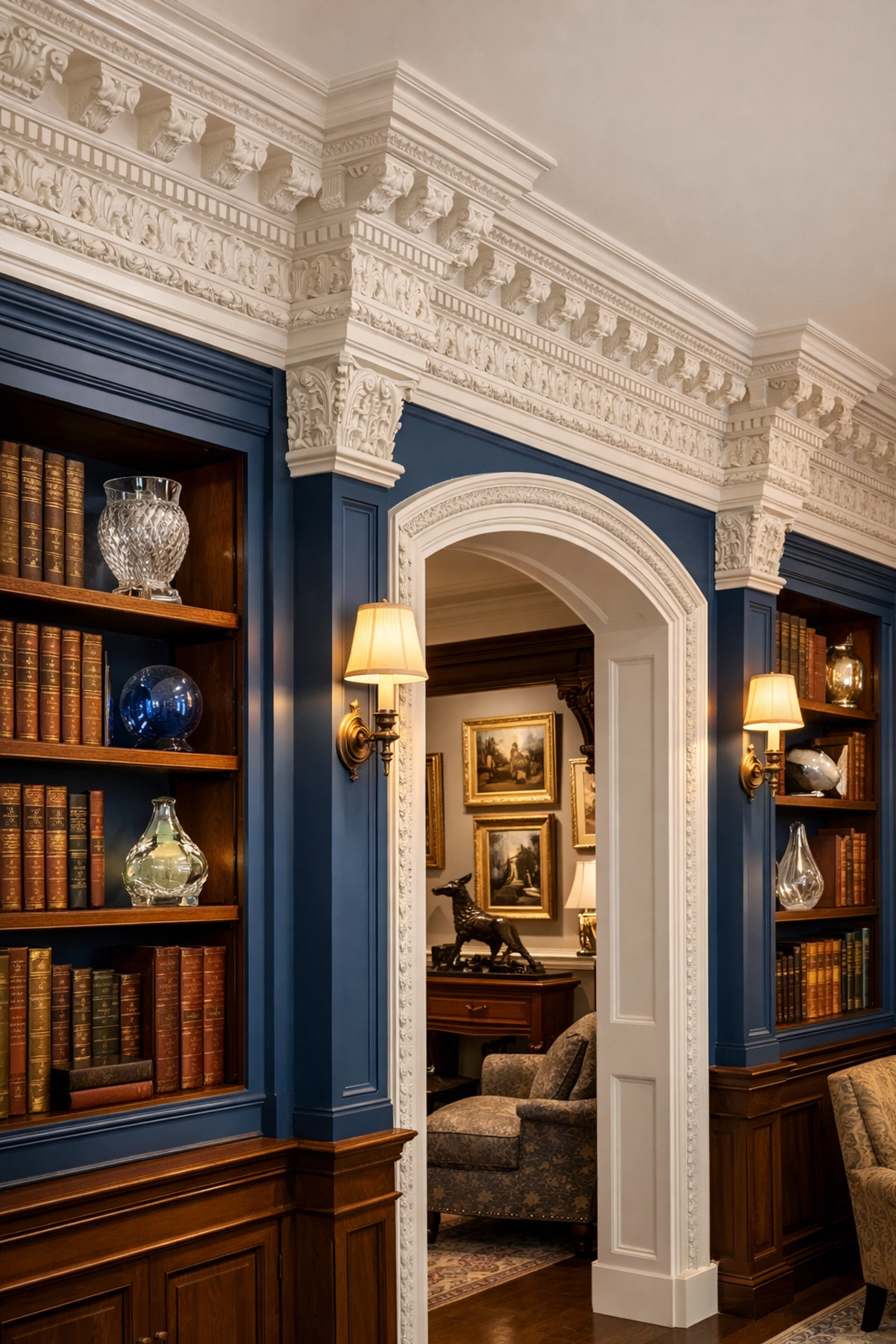 Meticulously dusted home library in a luxury Dover residence, highlighting professional luxury cleaning in Dover.