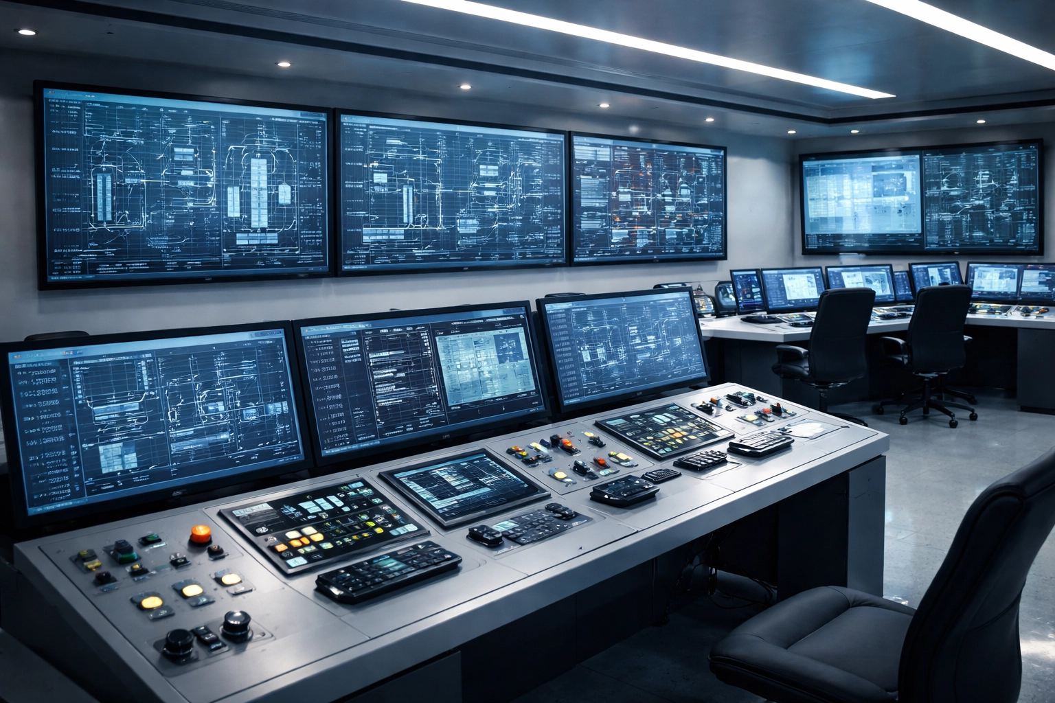 Modern industrial control room with advanced monitoring screens and control panels illustrating automation engineering