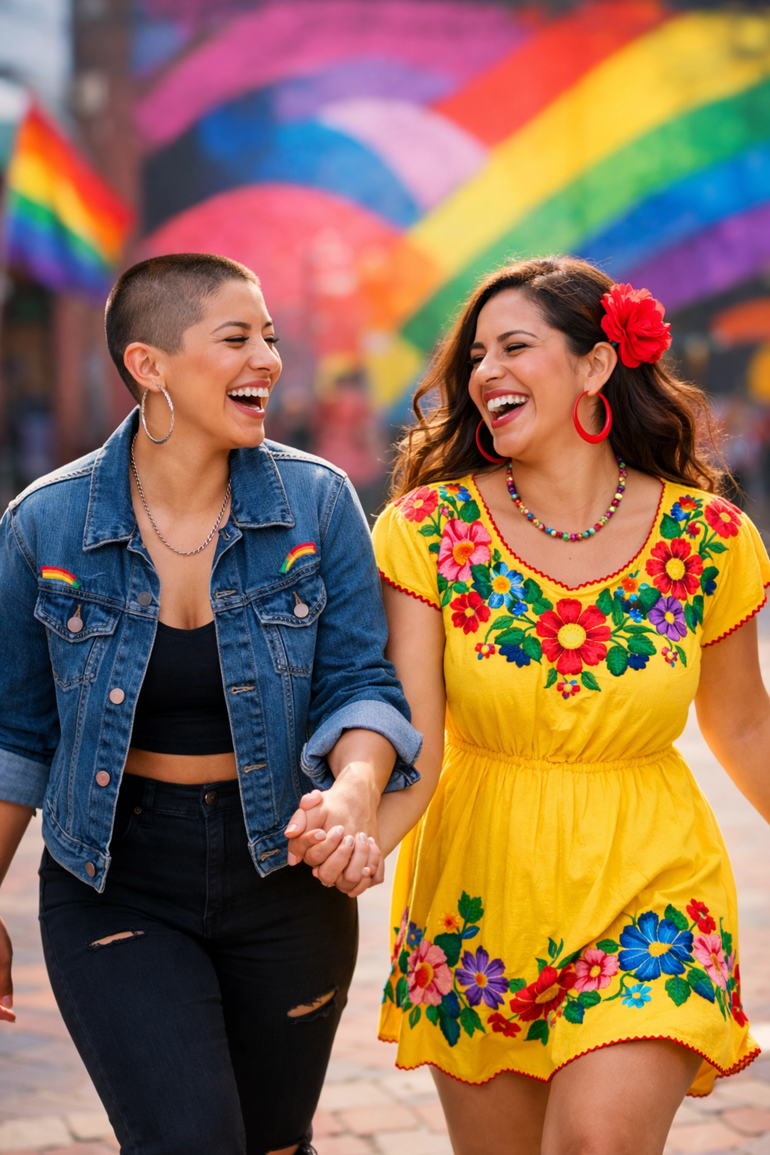 Two joyful queer Latinas walk through a colorful plaza, representing Latinx resilience and LGBTQ+ pride.