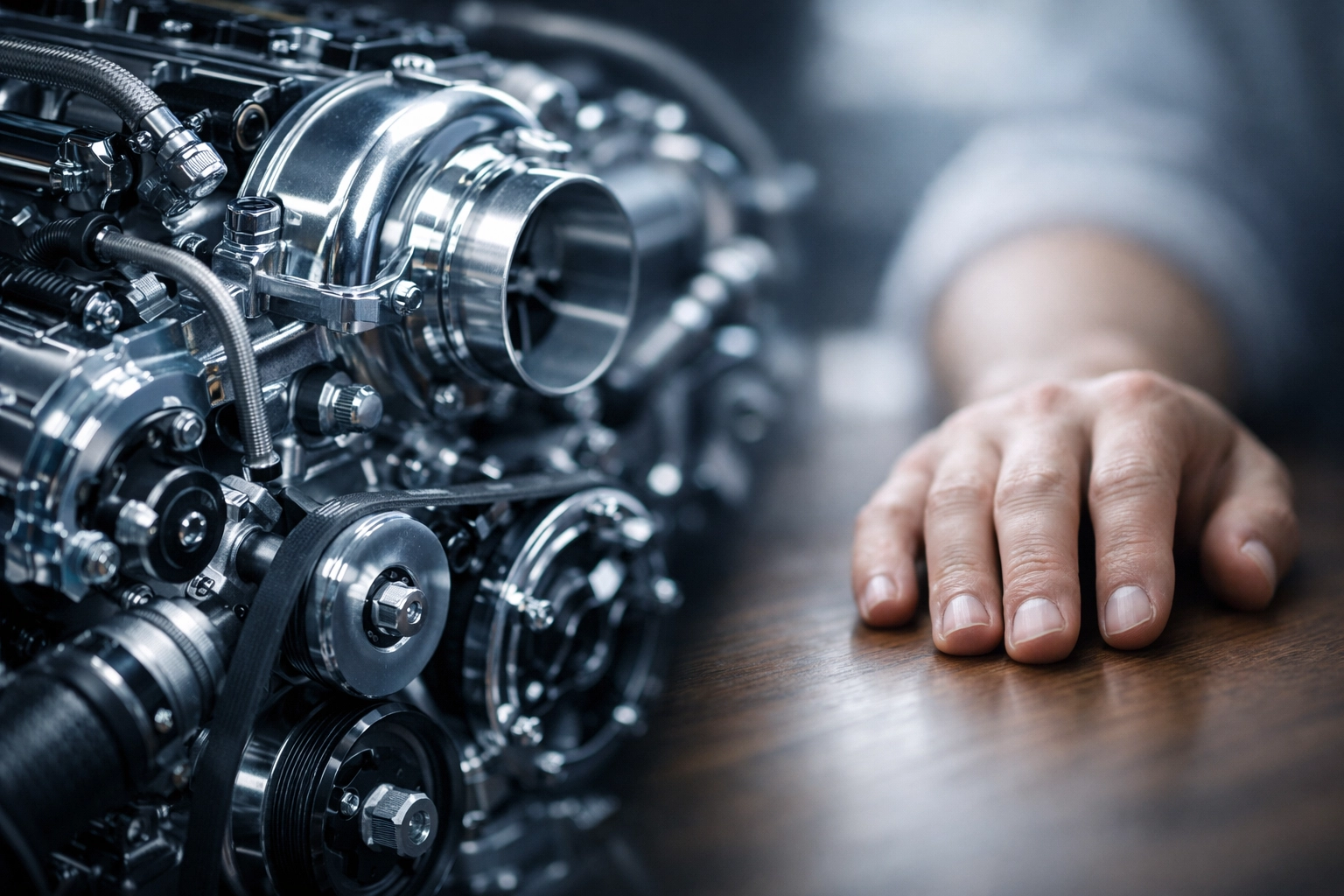 A car engine and human hand illustrating the mind-body connection used by an integration therapist.