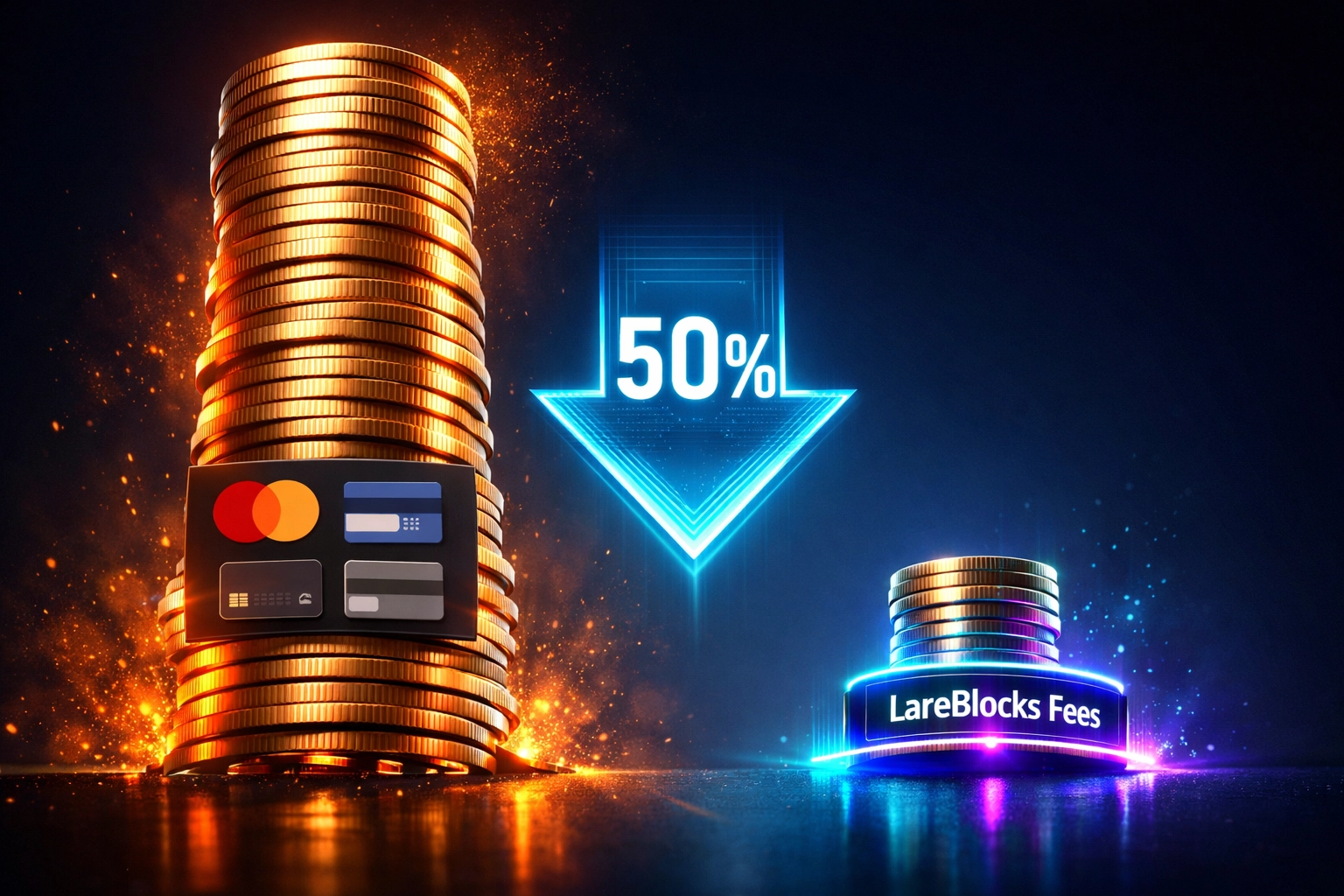 Visual comparison showing 50% interchange fee reduction between traditional processors and LareBlocks