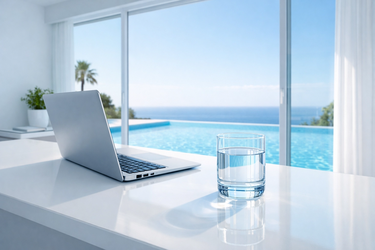 Clean home office with pool view, representing organized bookkeeping and records for selling a pool route.
