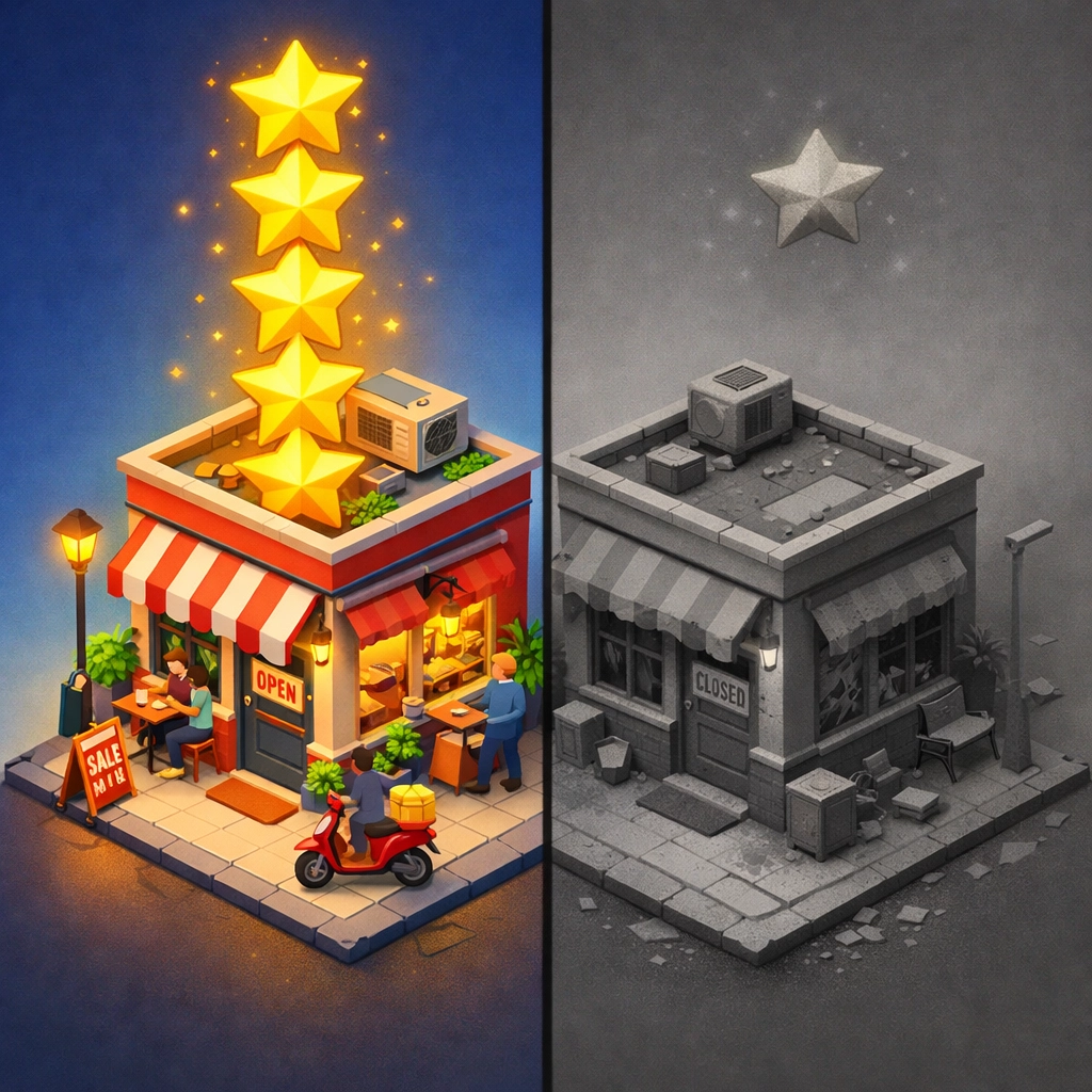 Comparison of a successful business with 5-star Google reviews versus a neglected profile with low ratings.