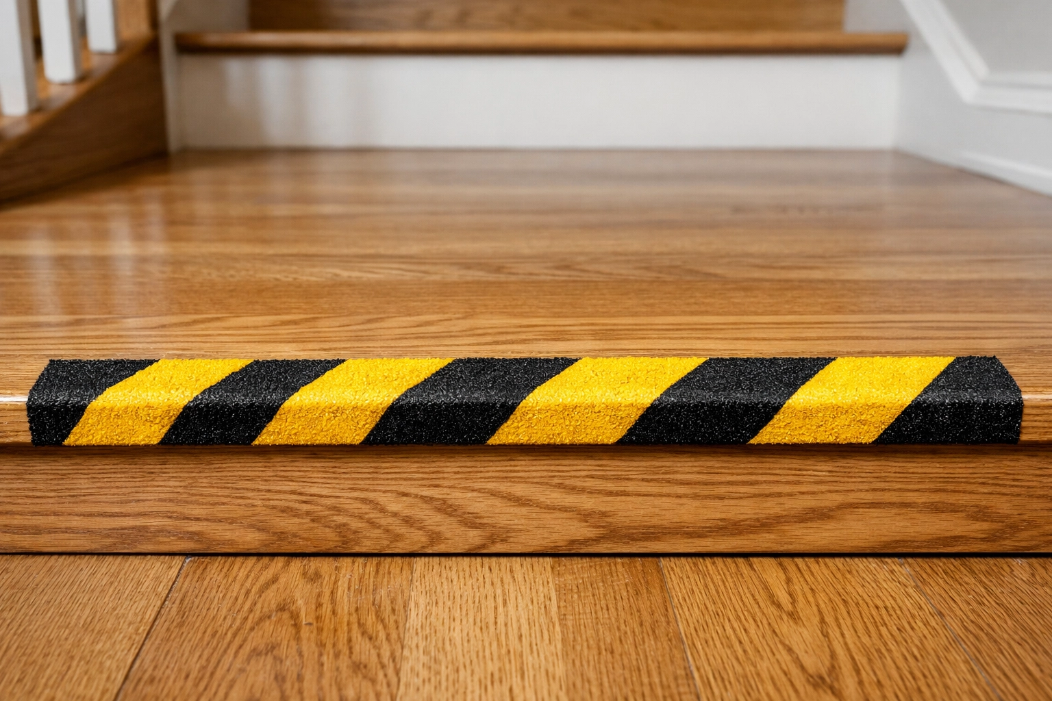 High-contrast safety strip on the bottom step to help distinguish the staircase from the floor landing.