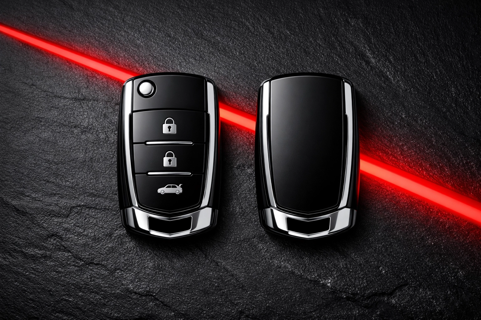 Two automotive transponder key fobs highlighting the need for spare keys and key duplication.