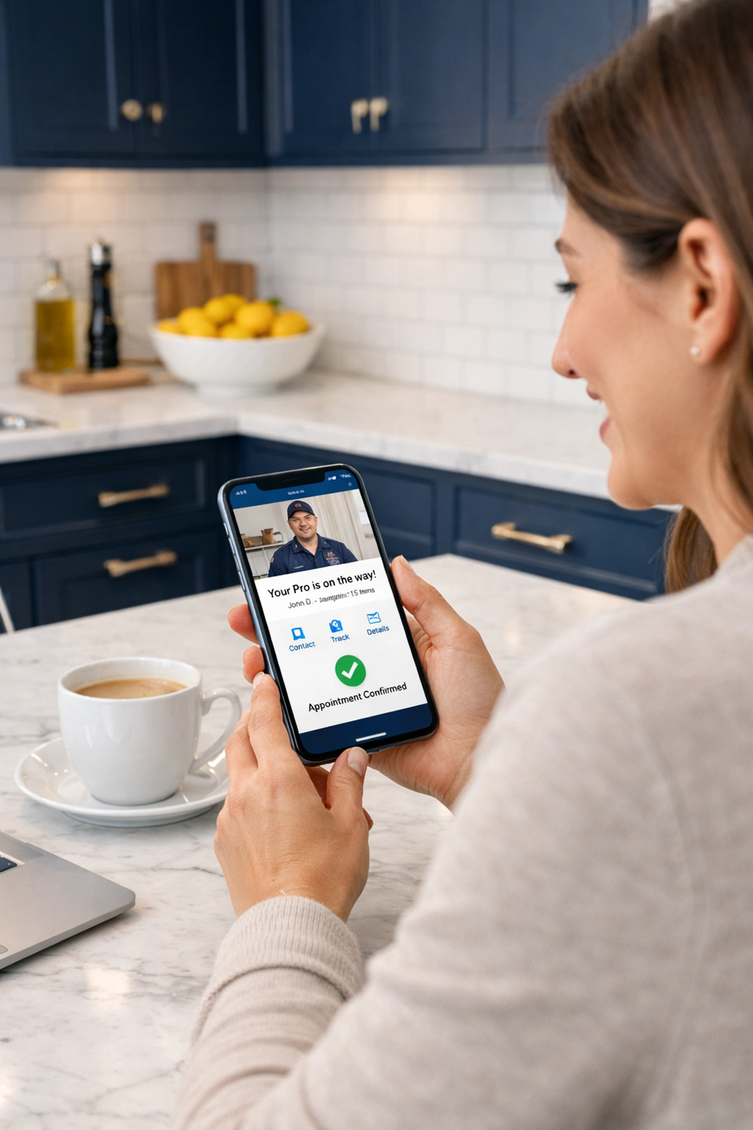 Homeowner easily booking professional cleaners in Leominster MA on their smartphone in a modern kitchen.
