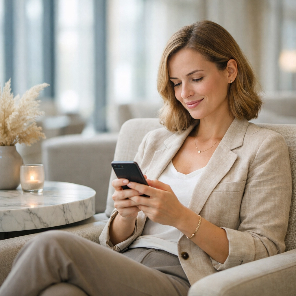 Hotel guest using a mobile app in a luxury lobby for personalized guest services.