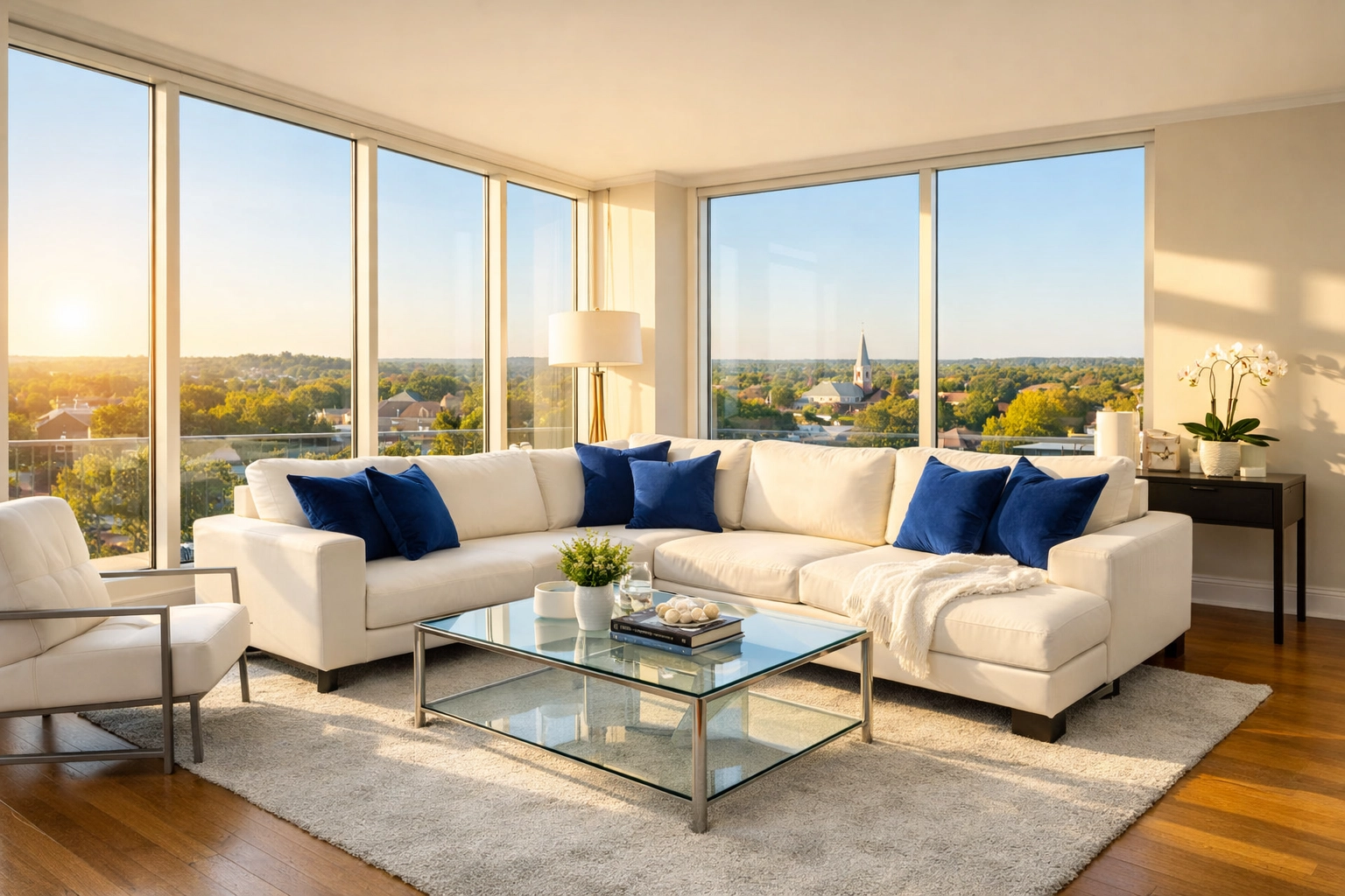 Tidy luxury living room in Milford showing the benefits of professional apartment cleaning.