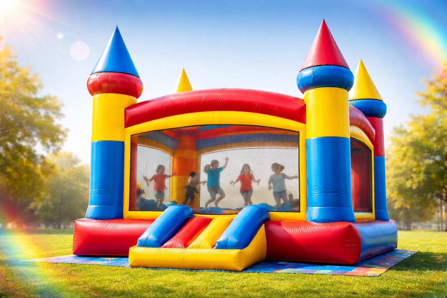 Vibrant bounce house inflatable castle provides fun, safe entertainment for kids at outdoor school and community fairs.