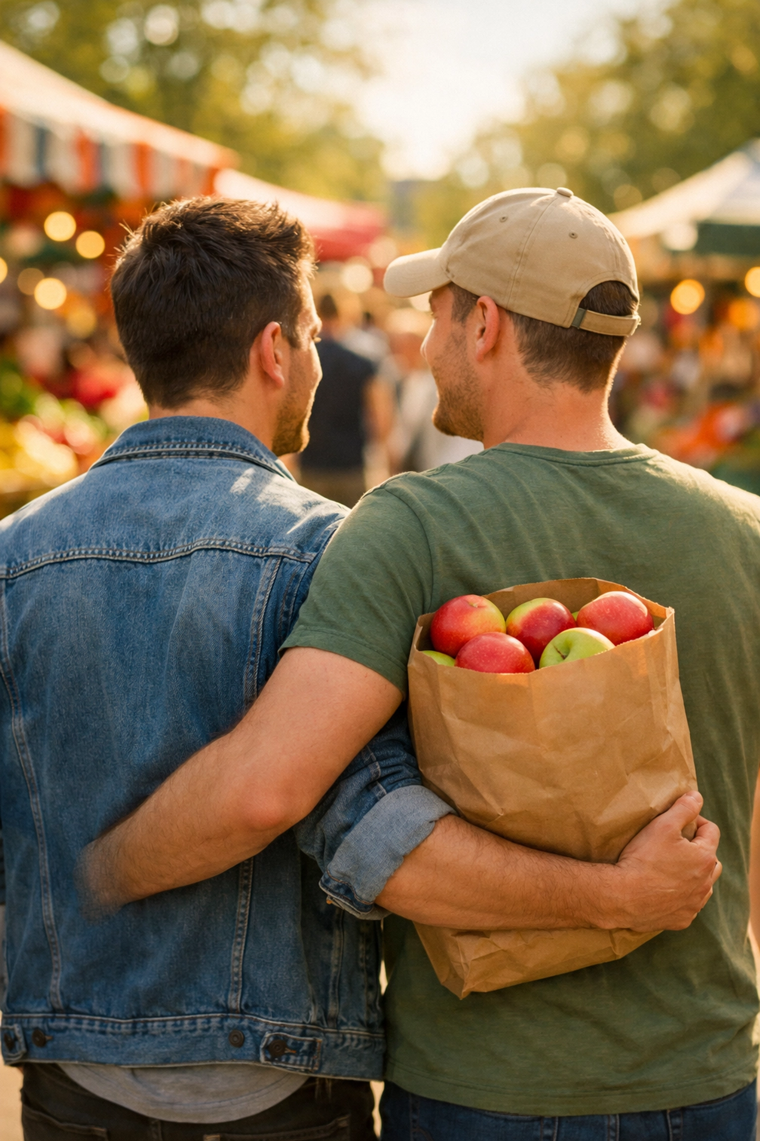 Gay couple walking through Sunday farmer's market - everyday romance and domestic bliss