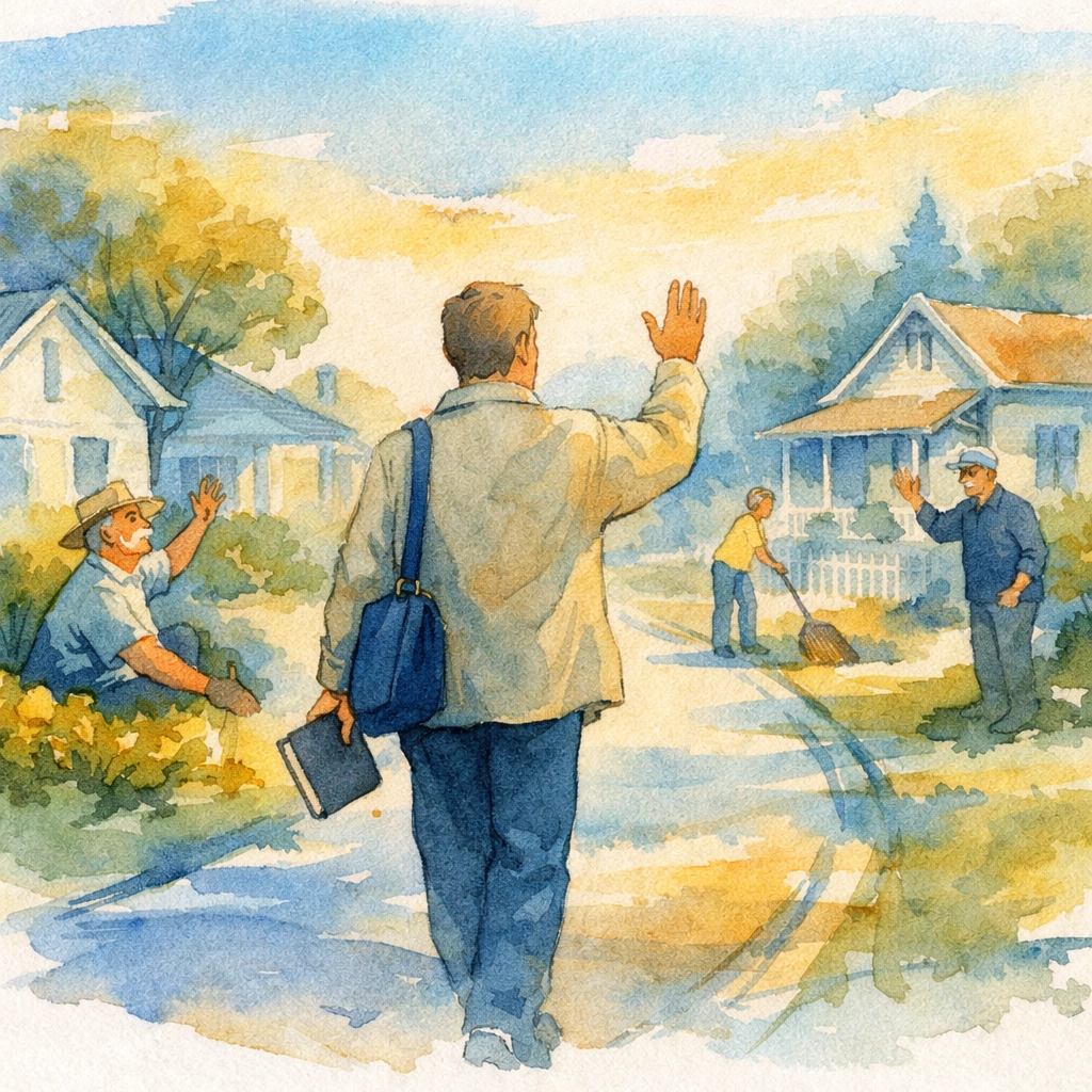 Pastor greeting neighbors in community demonstrating church presence and culture architecture