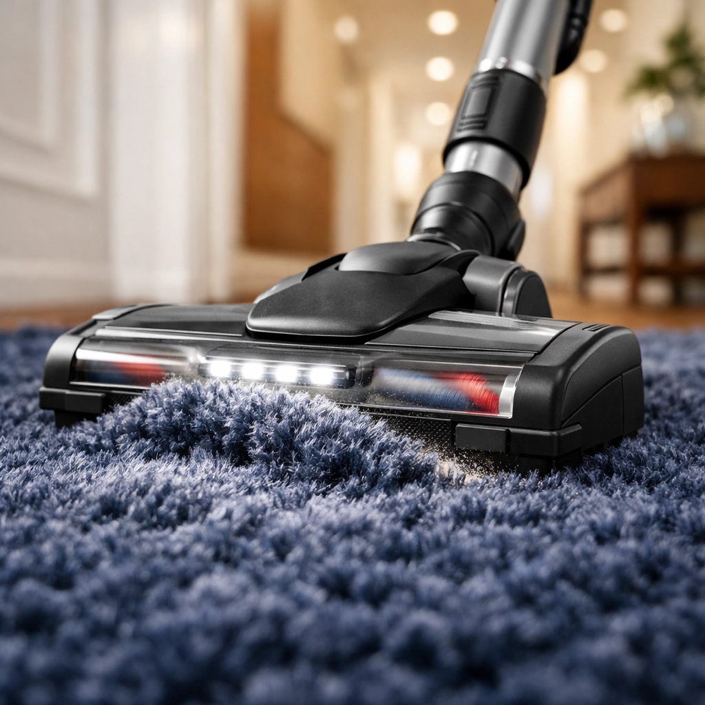 Professional HEPA vacuuming a navy blue rug to remove pet dander and dust in a Worcester home.
