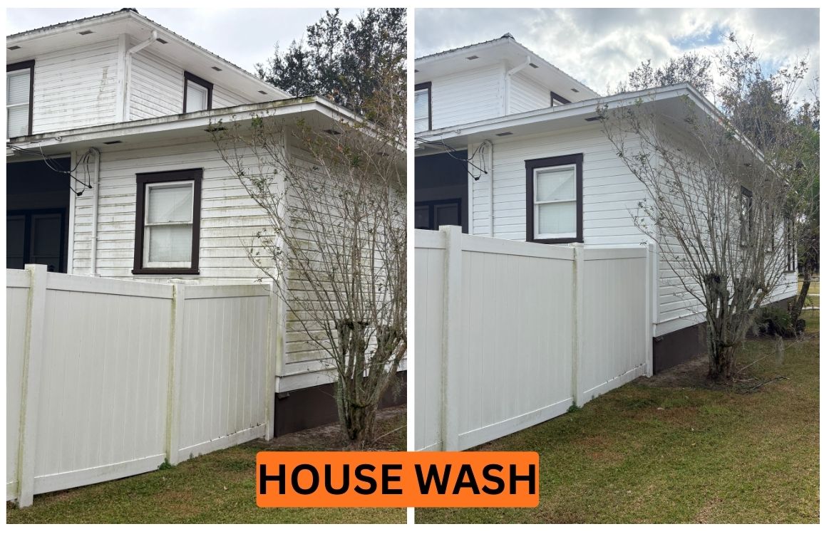 Side-by-side comparison of a house and fence before and after professional exterior cleaning