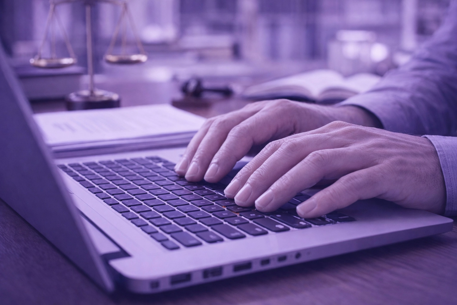 Close-up of typing on a laptop representing fast AI automation for accelerated case research delivery.