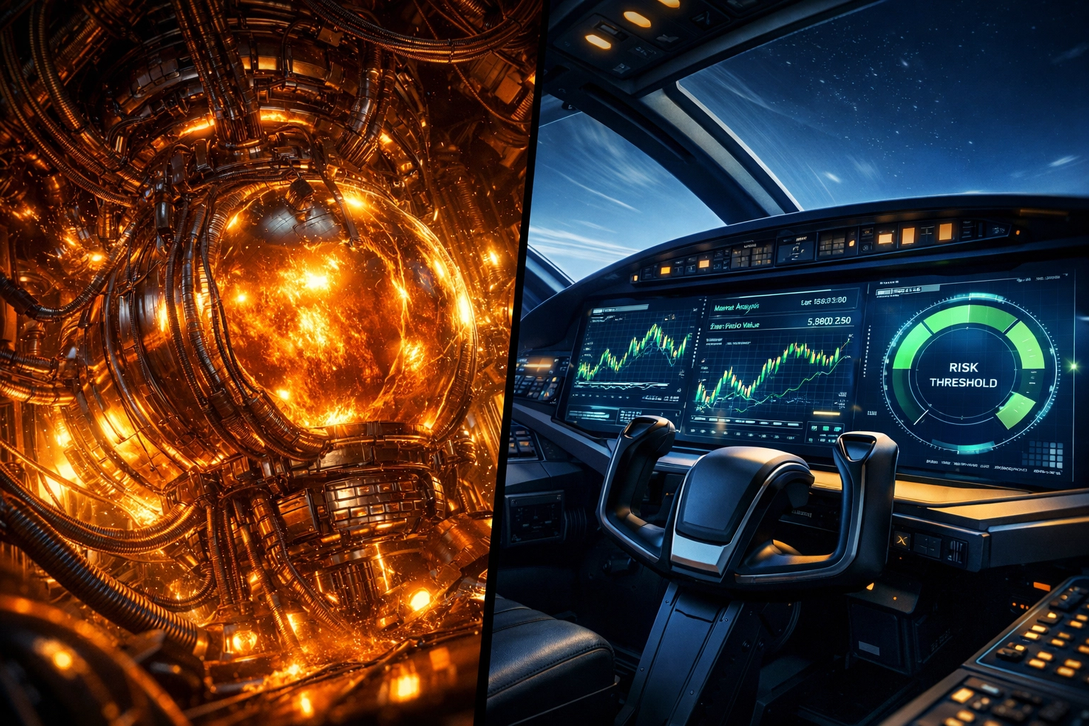 Futuristic AI control plane cockpit and engine illustrating governed capital markets technology and risk management.
