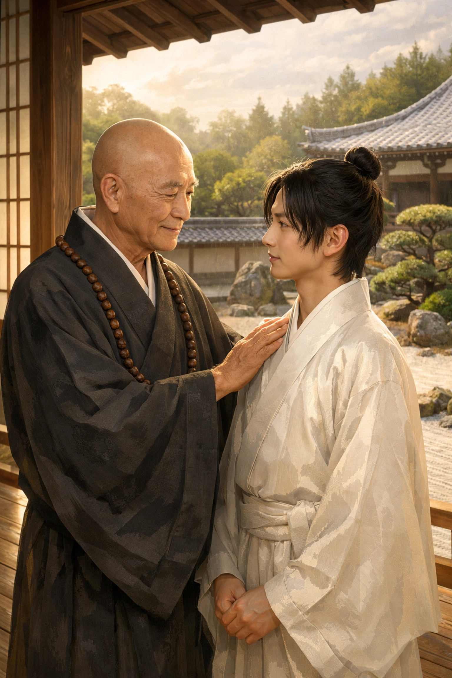Japanese monk and young acolyte on a temple veranda, showing the historical Nenja and Chigo bond.