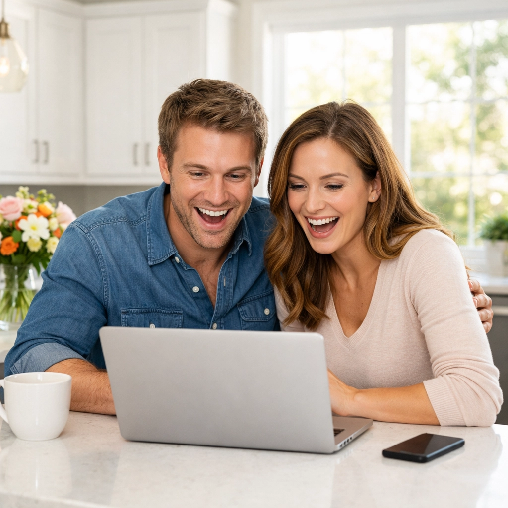 Happy couple in a modern North Carolina kitchen calculating mortgage costs on a laptop.