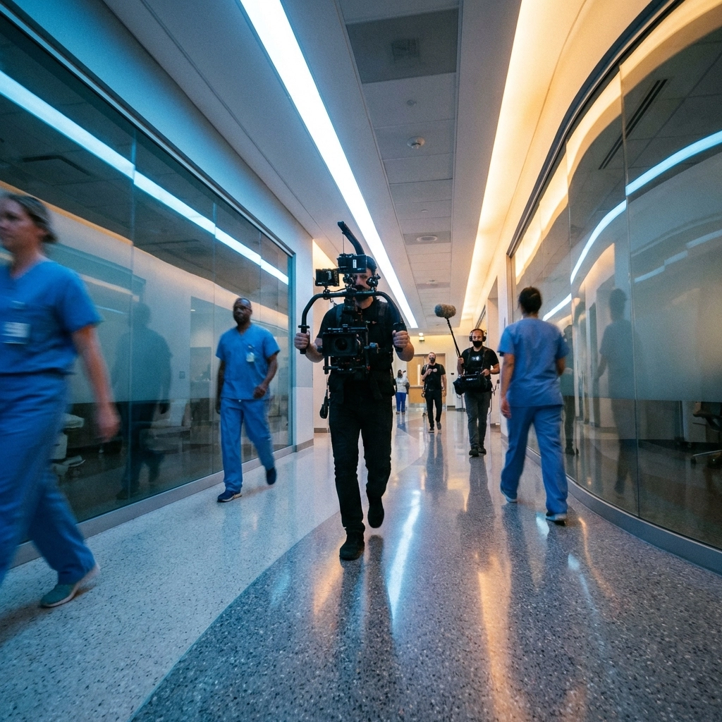 Camera operator walking with a stabilizer in a hospital corridor for cinematic movement in brand filmmaking