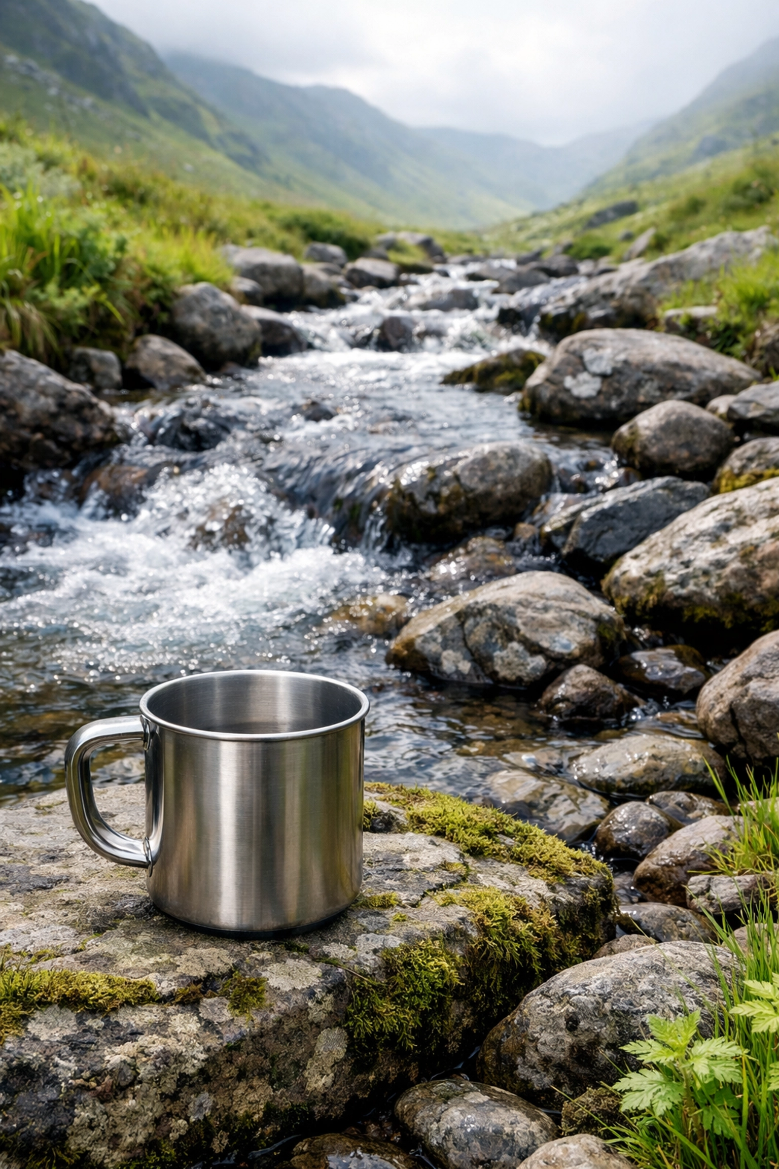 A stainless steel camping cup sitting beside a clear, bubbling stream in the UK highlands for fresh water.