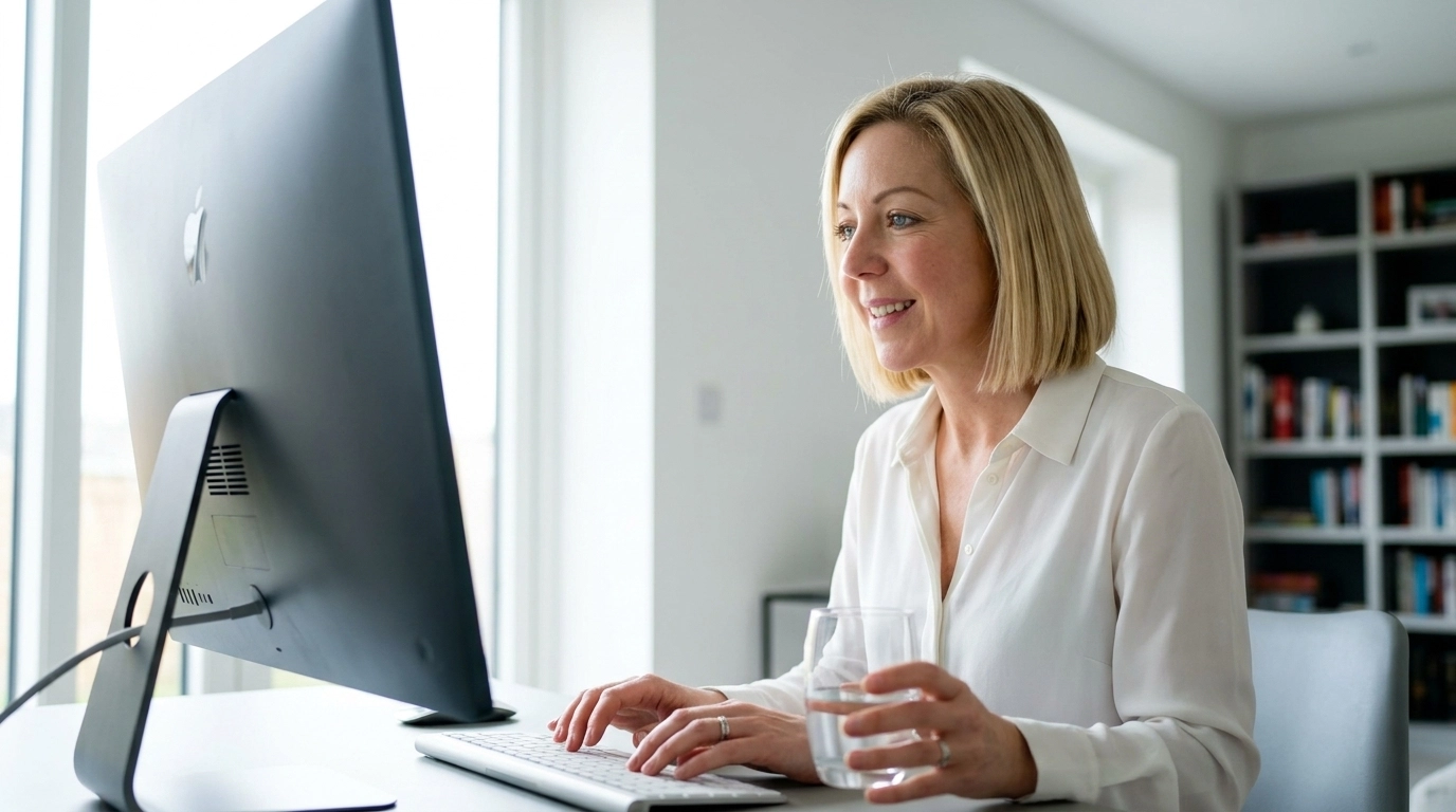 A professional woman in her late 40s looking sharp and focused at her desk, representing the clarity returned with B-vitamins.