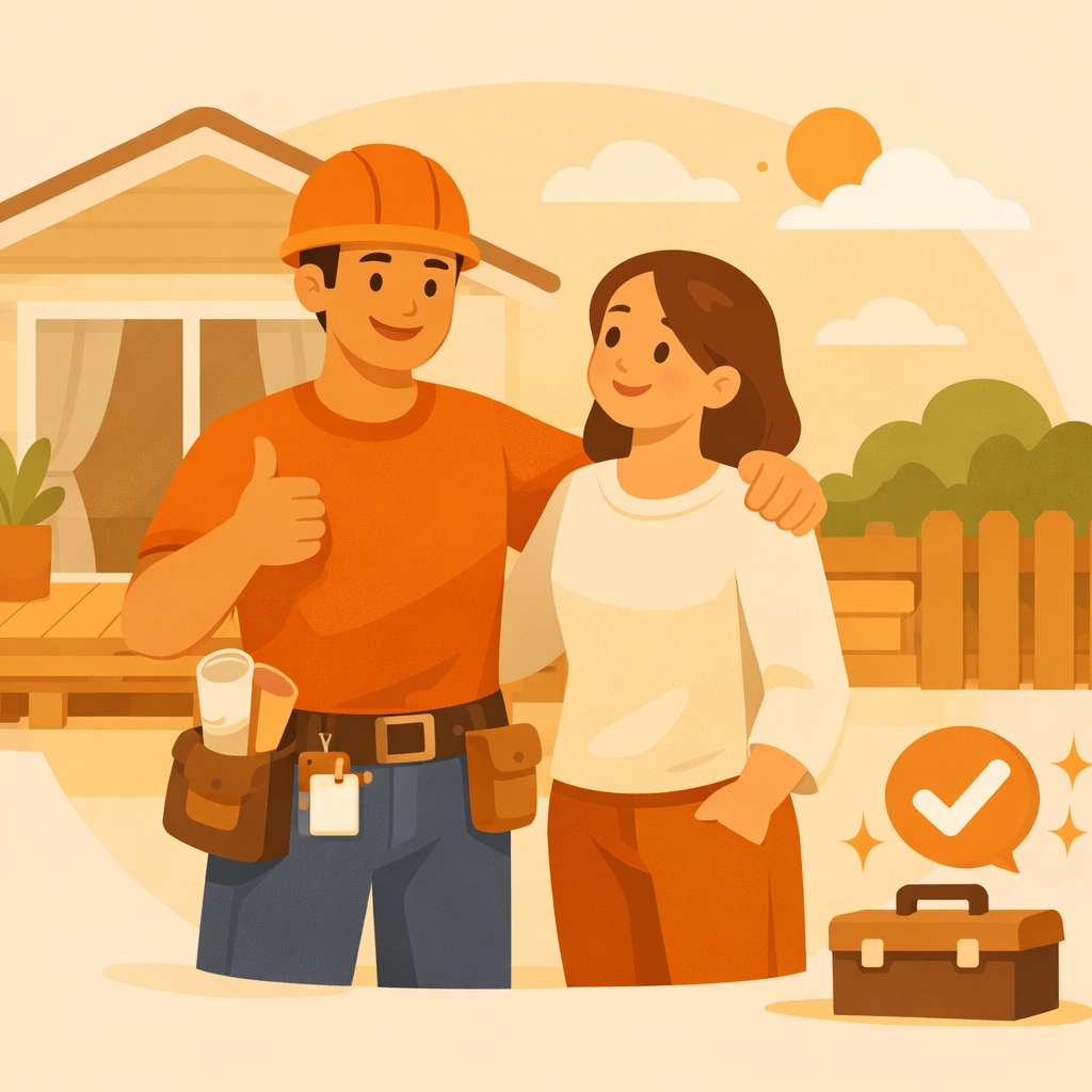 A smiling contractor and homeowner celebrating a finished project with professional documentation.