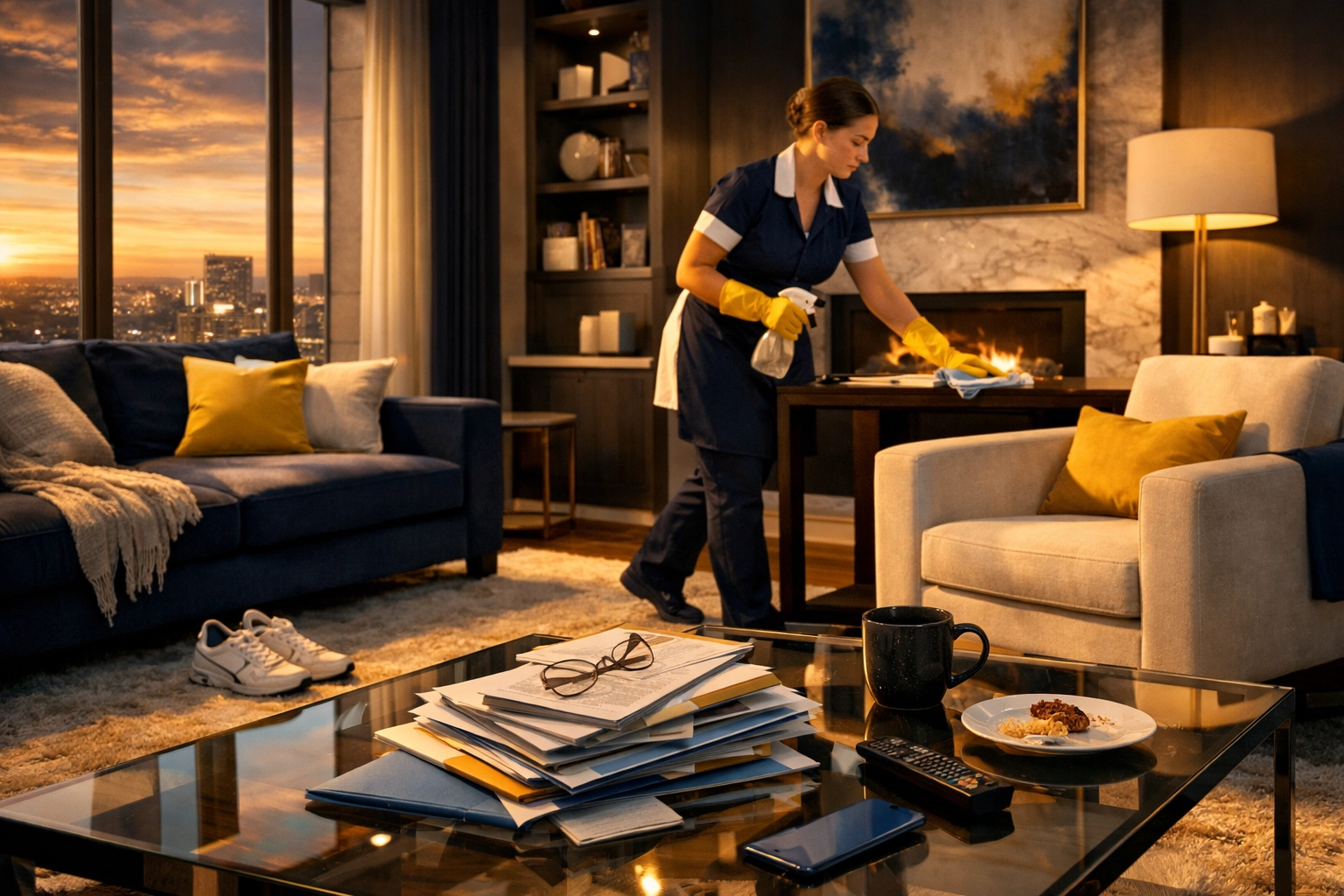 Professional cleaner performing a same-day house cleaning service in a modern luxury living room.